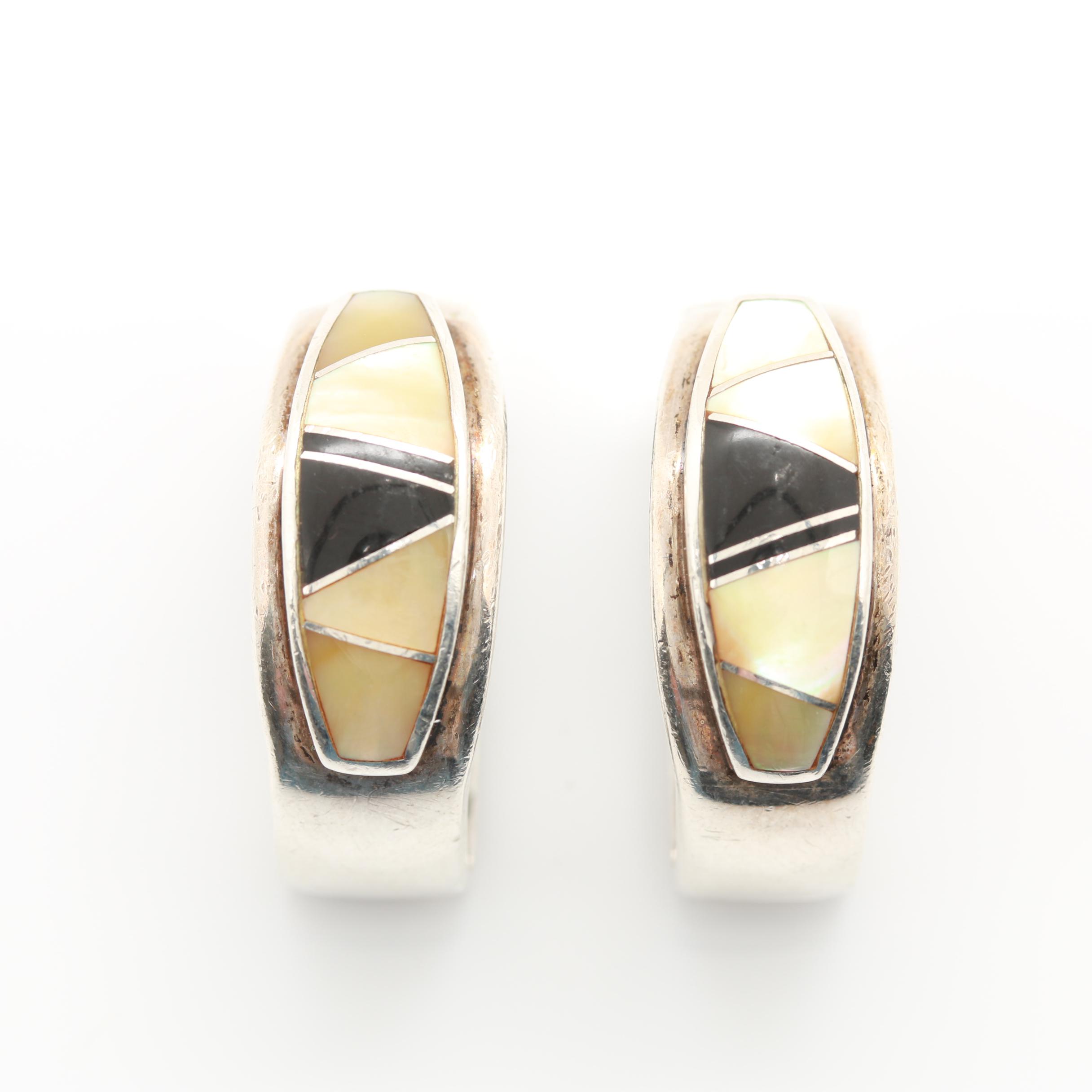 Sterling Silver Black Onyx and Mother of Pearl Belt Buckle and Charms