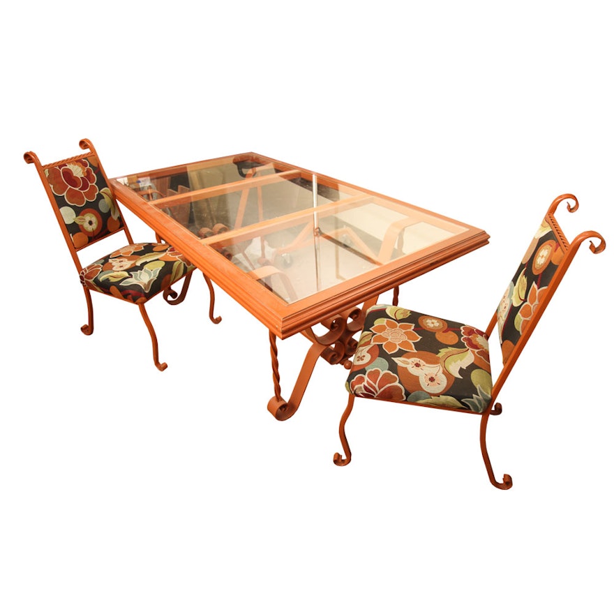 Orange Metal Glass Top Dining Table with Two Chairs