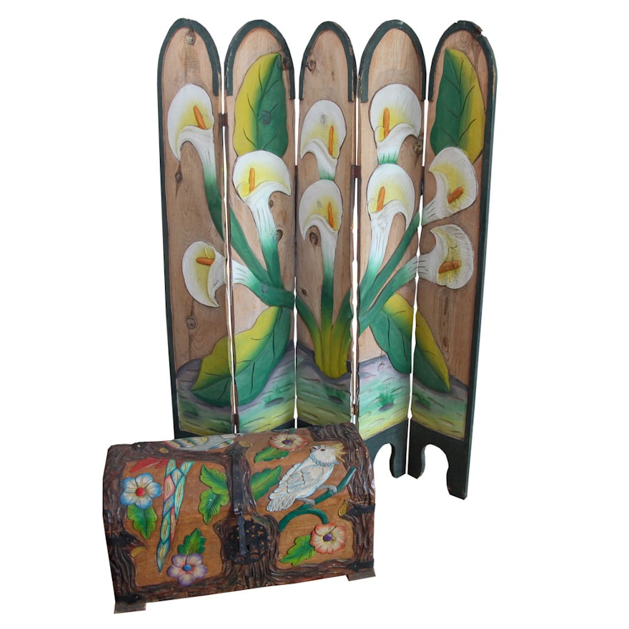 Hand-Carved and Painted Mexican Folding Screen and Chest