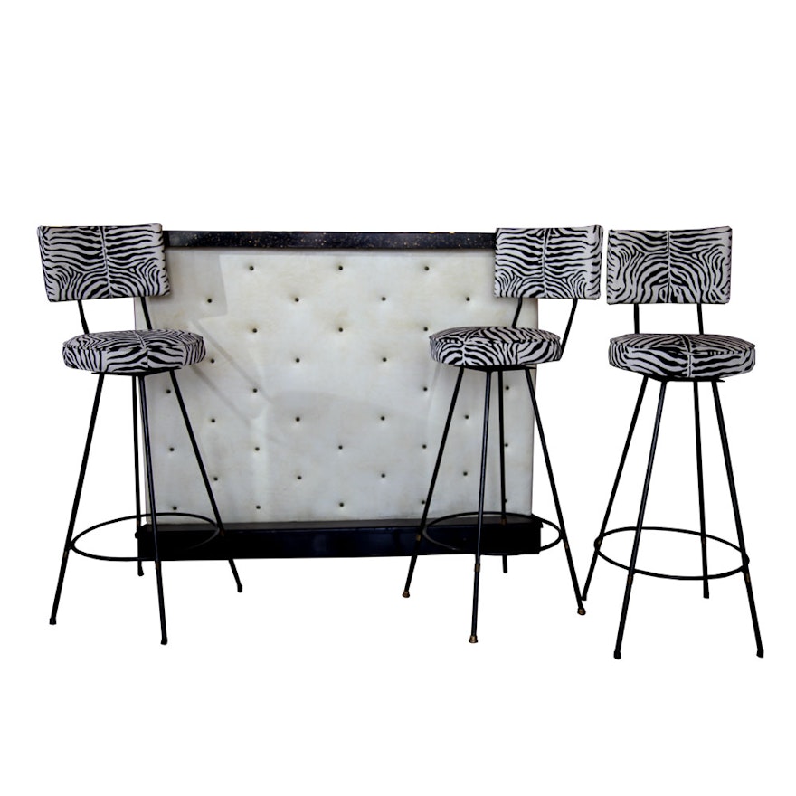 Vintage Vinyl Tufted Bar with Zebra Print Swivel Barstools after Arthur Umanoff