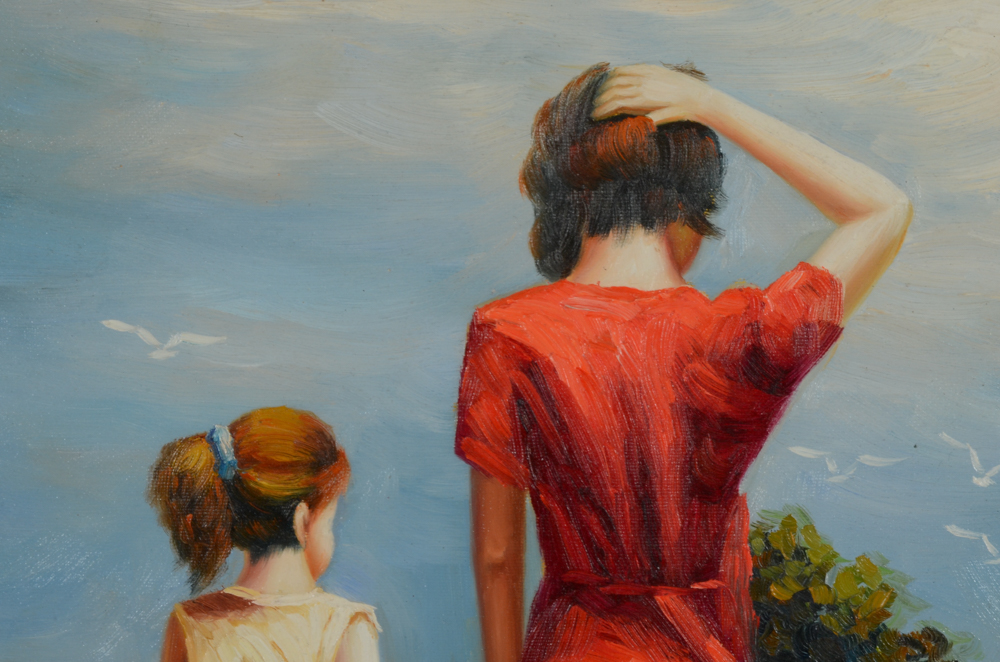 Signed Oil Painting on Canvas "Mother and Daughter"