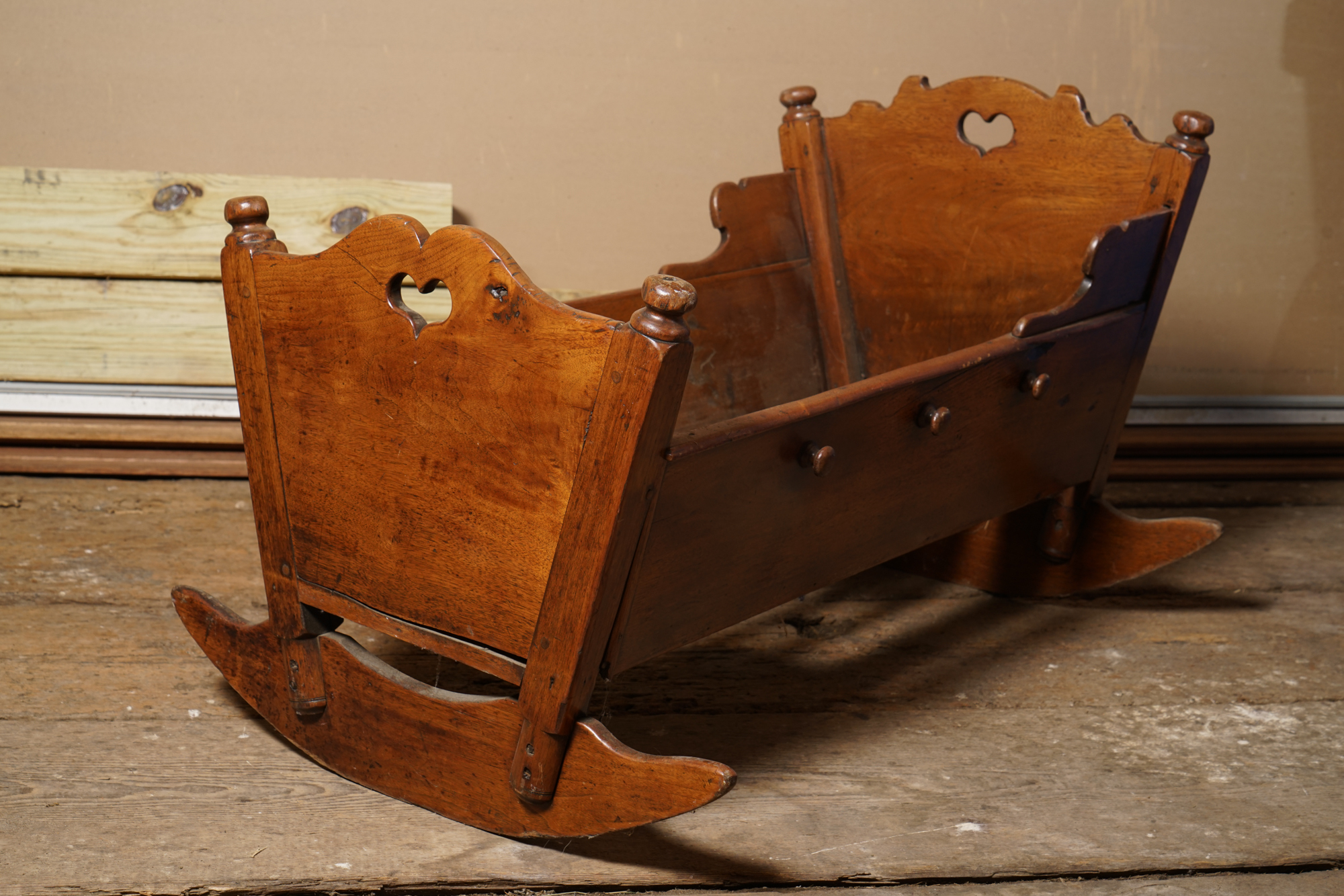 Antique Walnut Cradle with Heart Motif