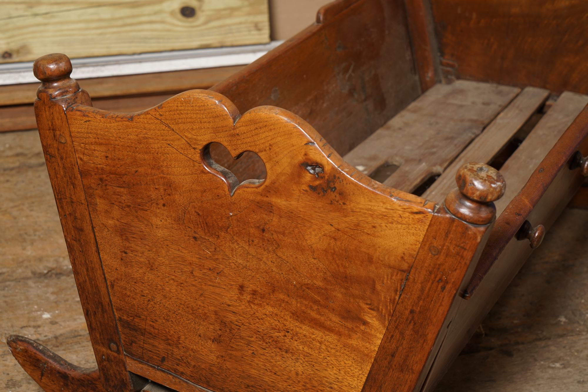 Antique Walnut Cradle with Heart Motif
