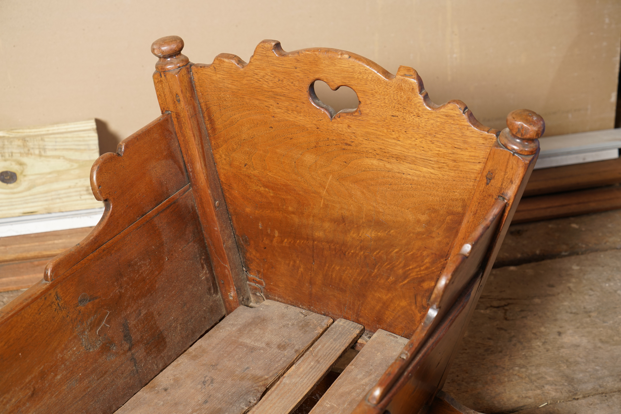 Antique Walnut Cradle with Heart Motif