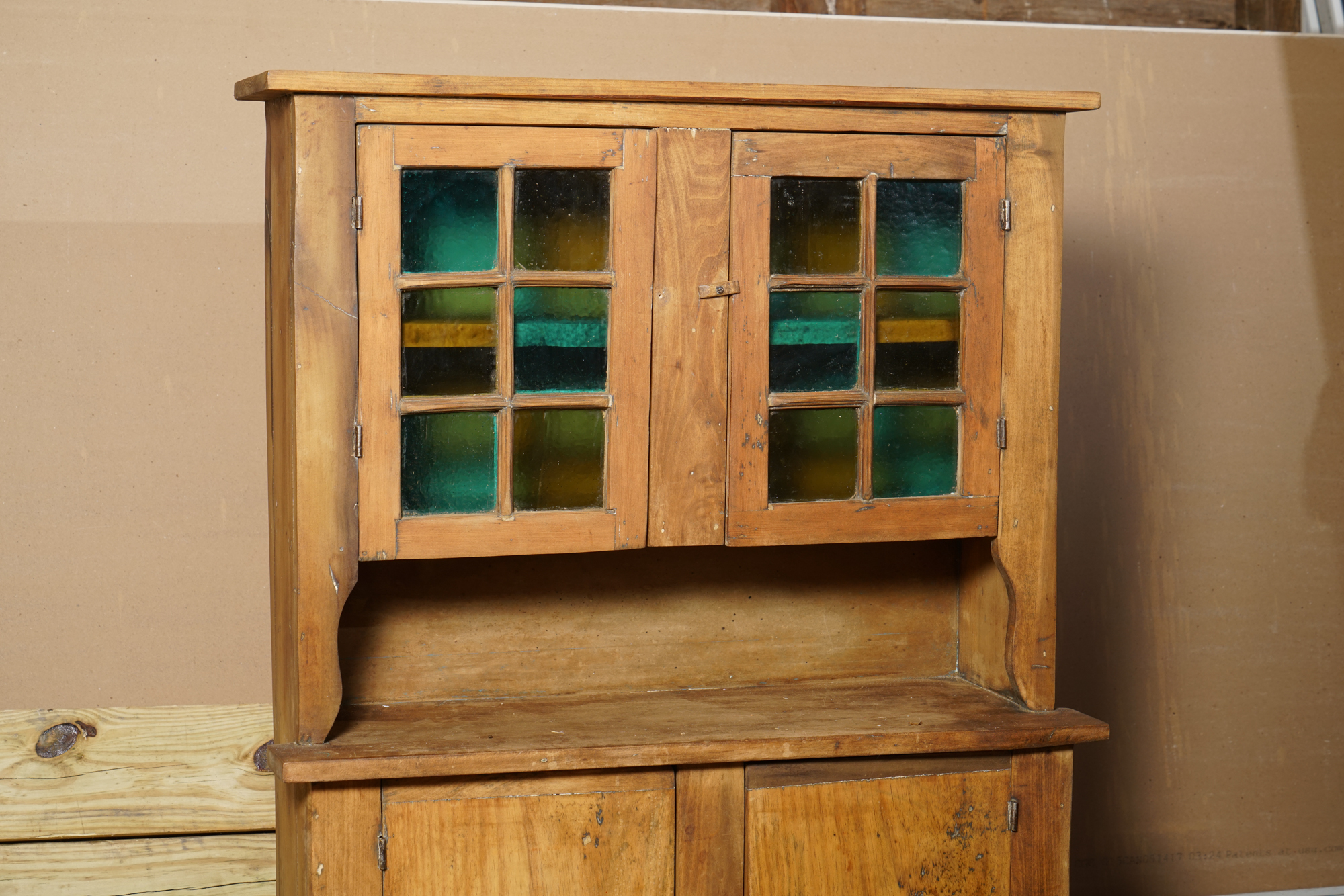 Vintage Rustic Pine Cupboard with Stained Glass Panels