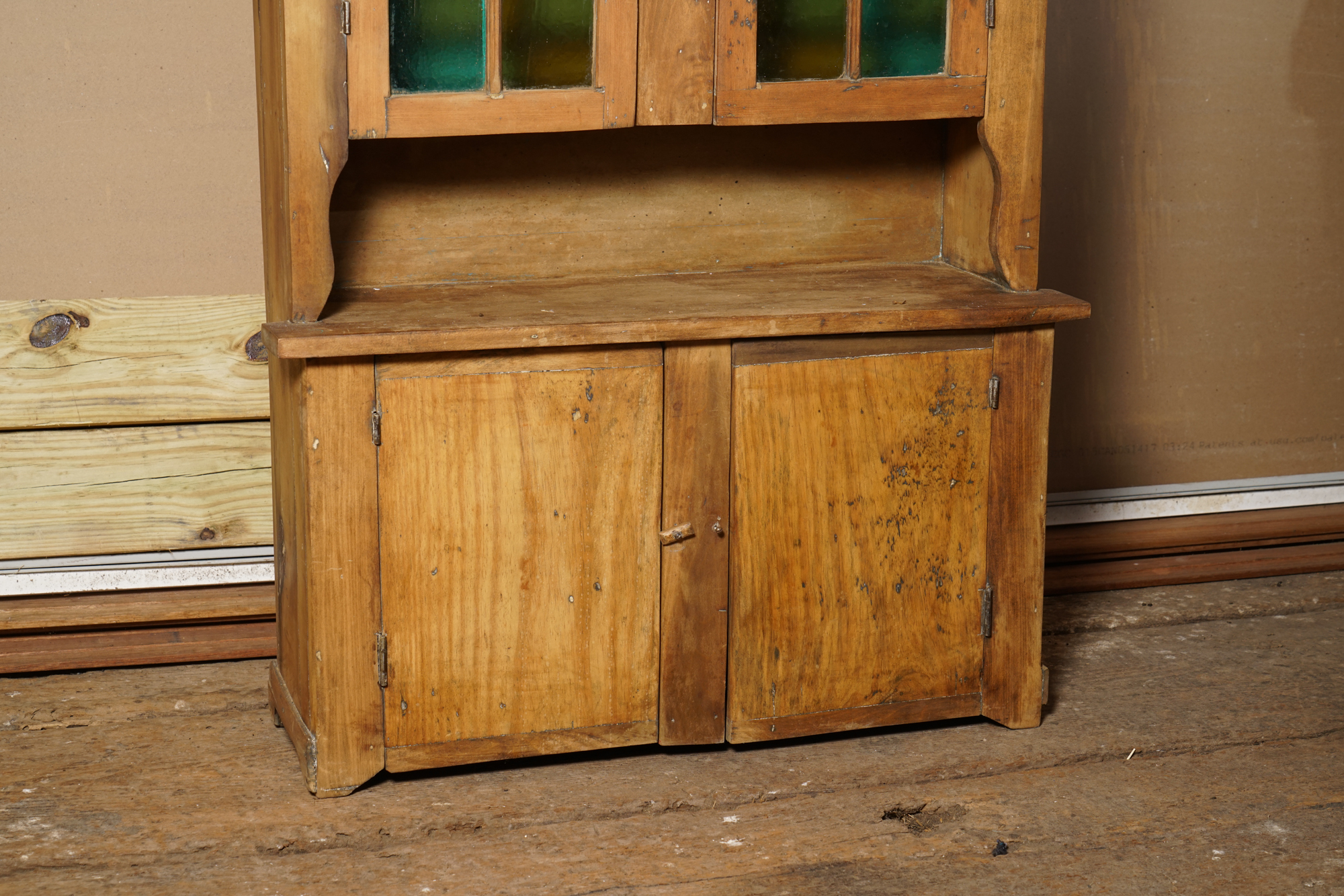 Vintage Rustic Pine Cupboard with Stained Glass Panels