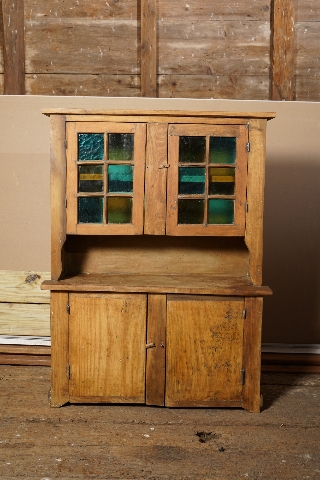 Vintage Rustic Pine Cupboard with Stained Glass Panels