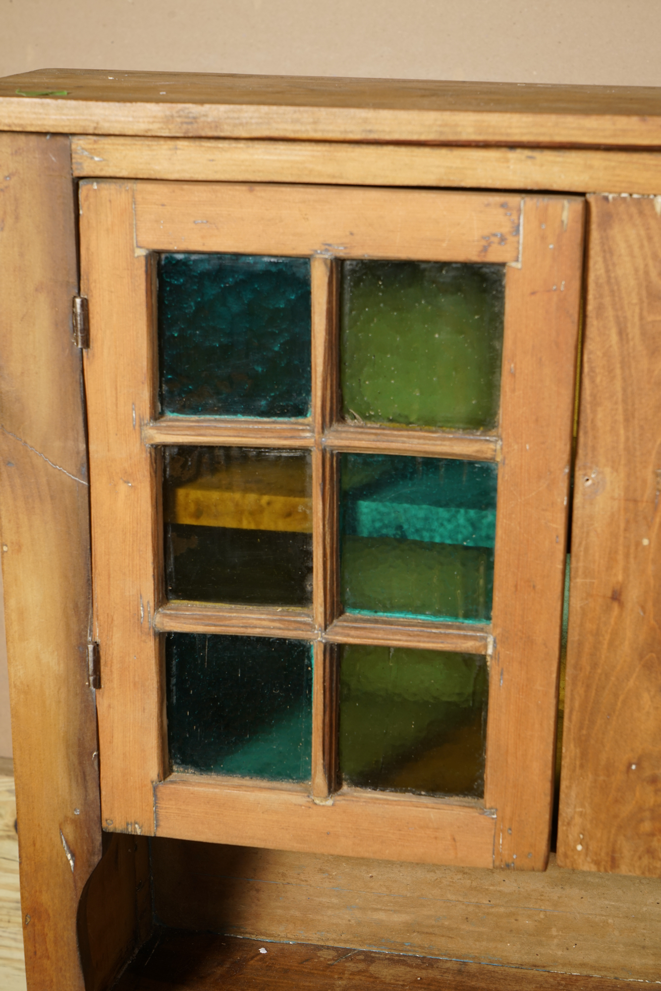 Vintage Rustic Pine Cupboard with Stained Glass Panels
