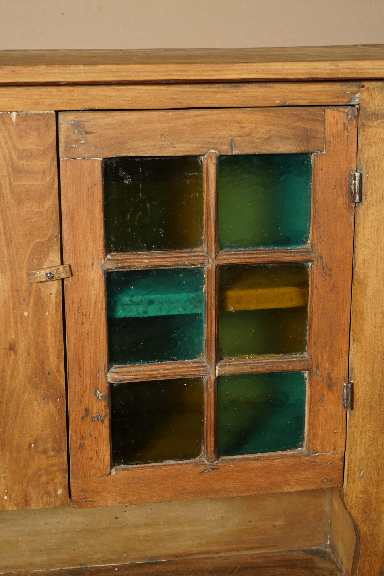 Vintage Rustic Pine Cupboard with Stained Glass Panels