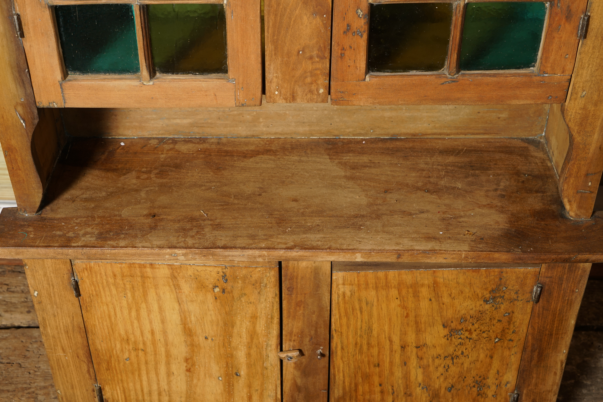 Vintage Rustic Pine Cupboard with Stained Glass Panels