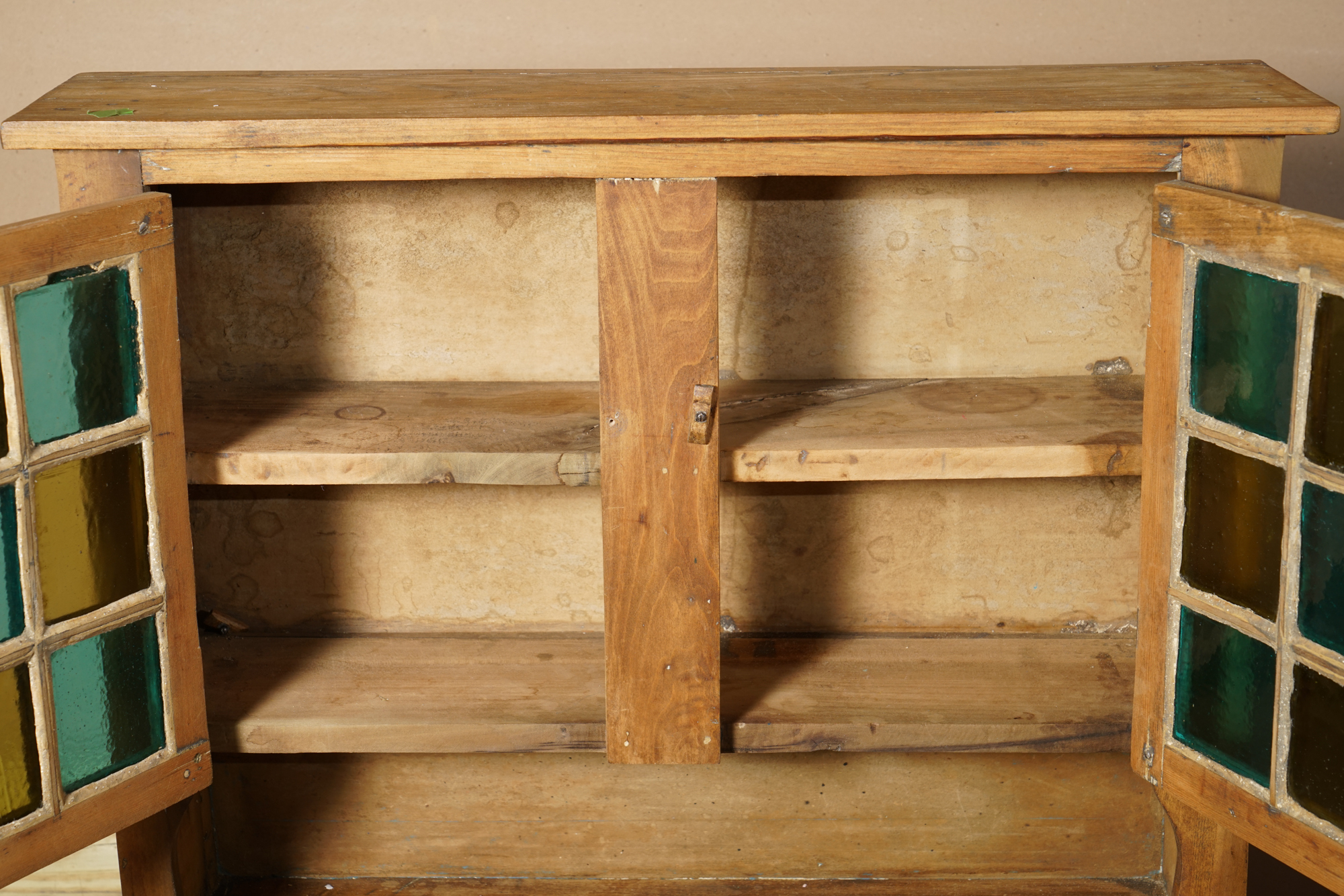 Vintage Rustic Pine Cupboard with Stained Glass Panels
