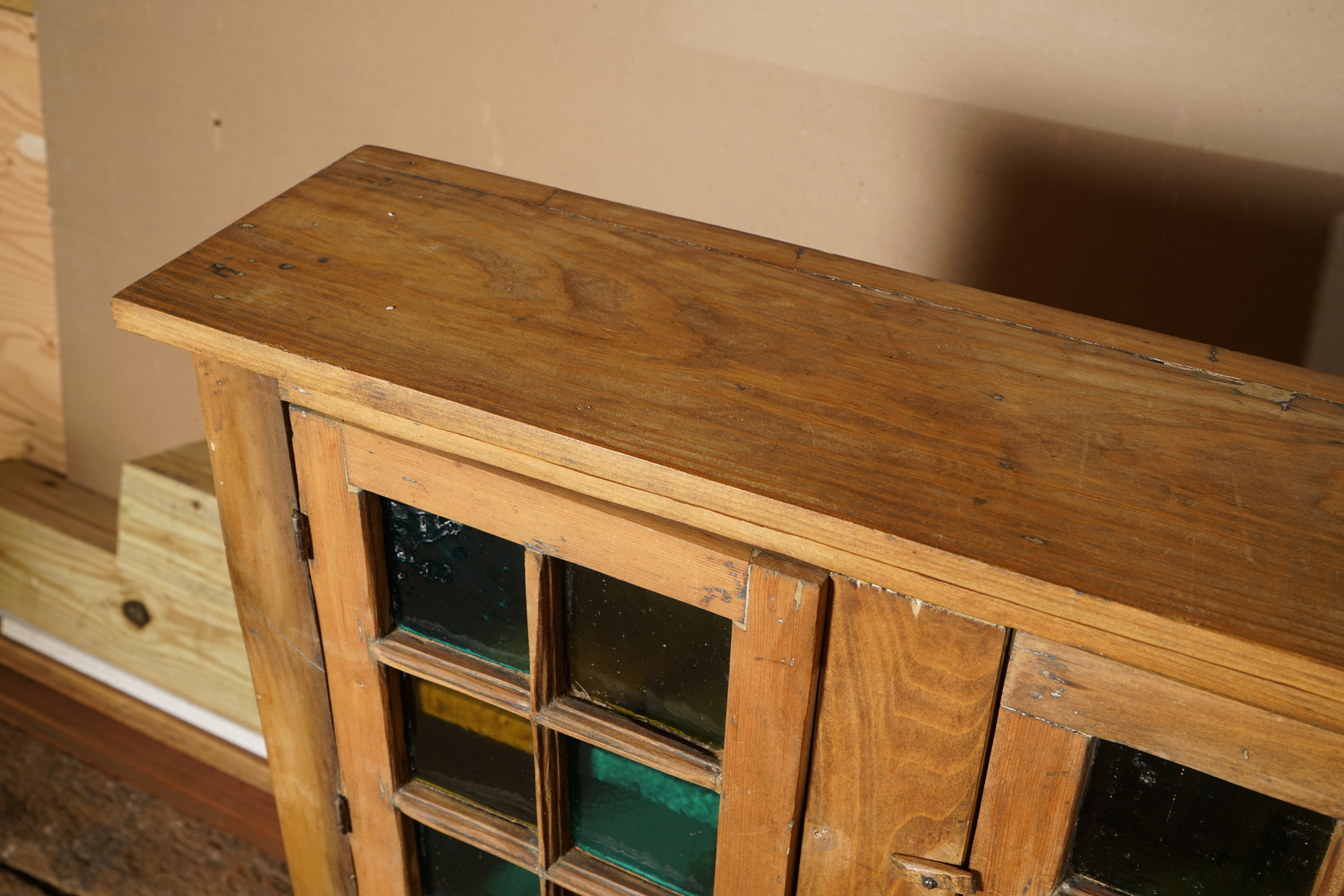 Vintage Rustic Pine Cupboard with Stained Glass Panels
