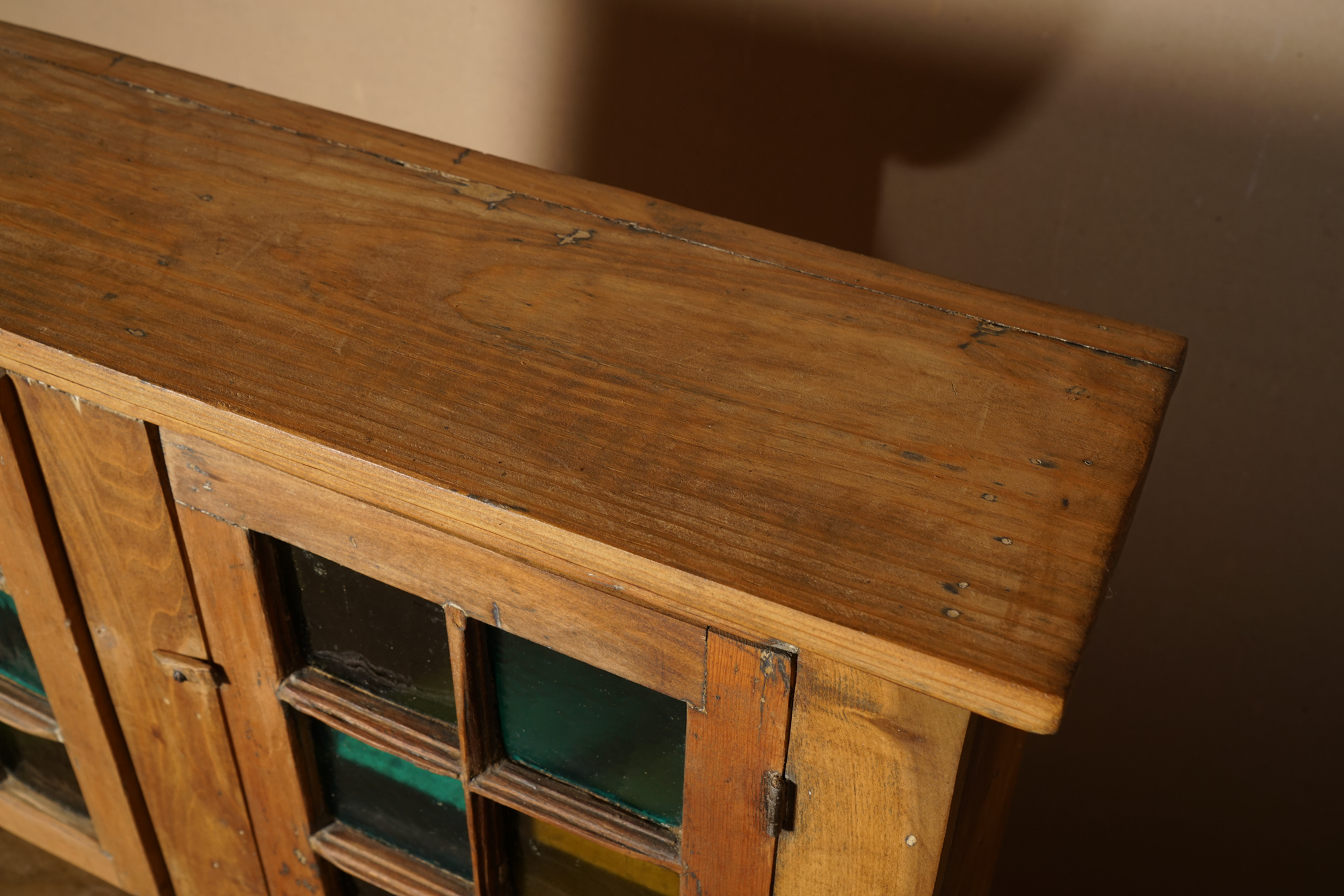 Vintage Rustic Pine Cupboard with Stained Glass Panels
