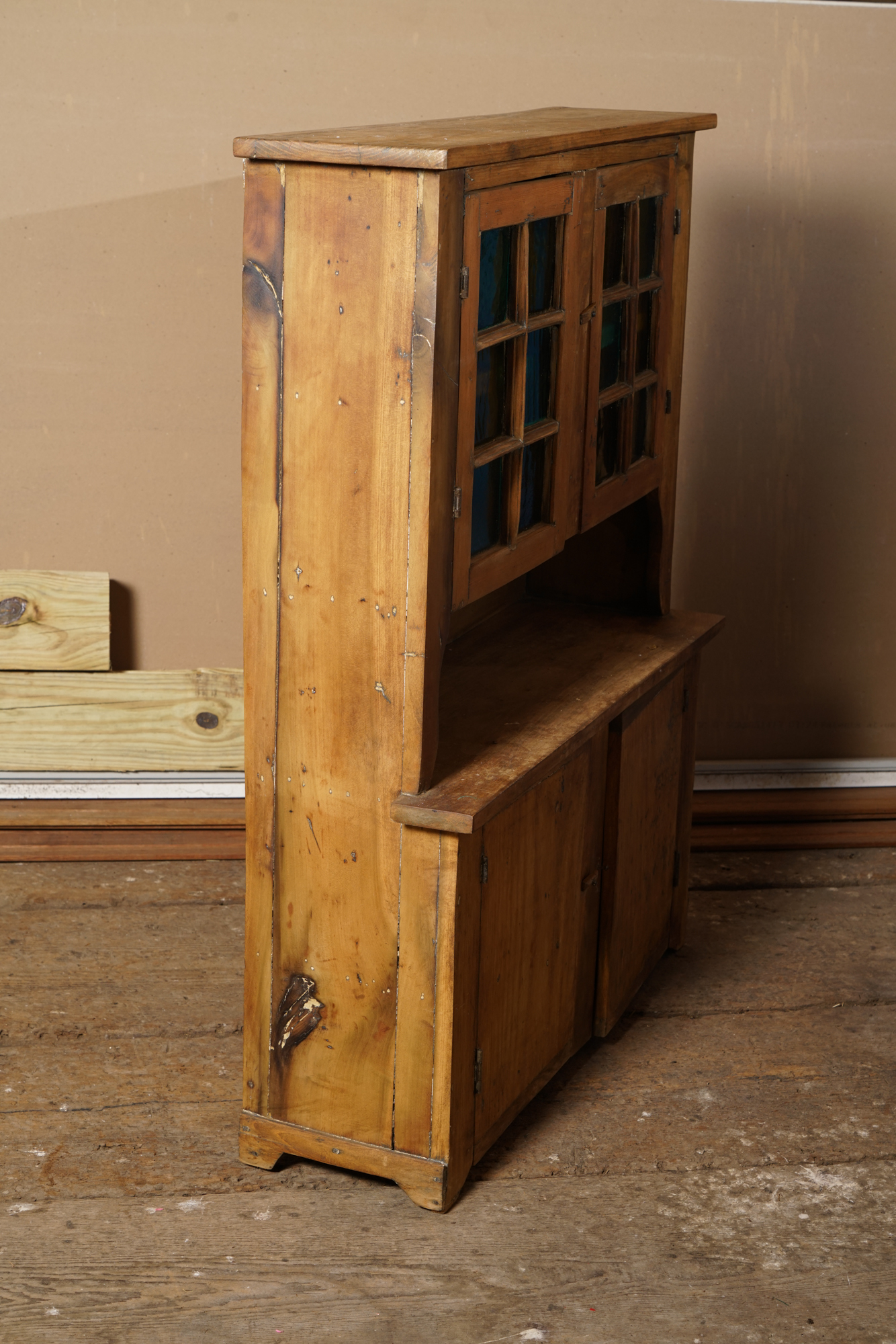 Vintage Rustic Pine Cupboard with Stained Glass Panels