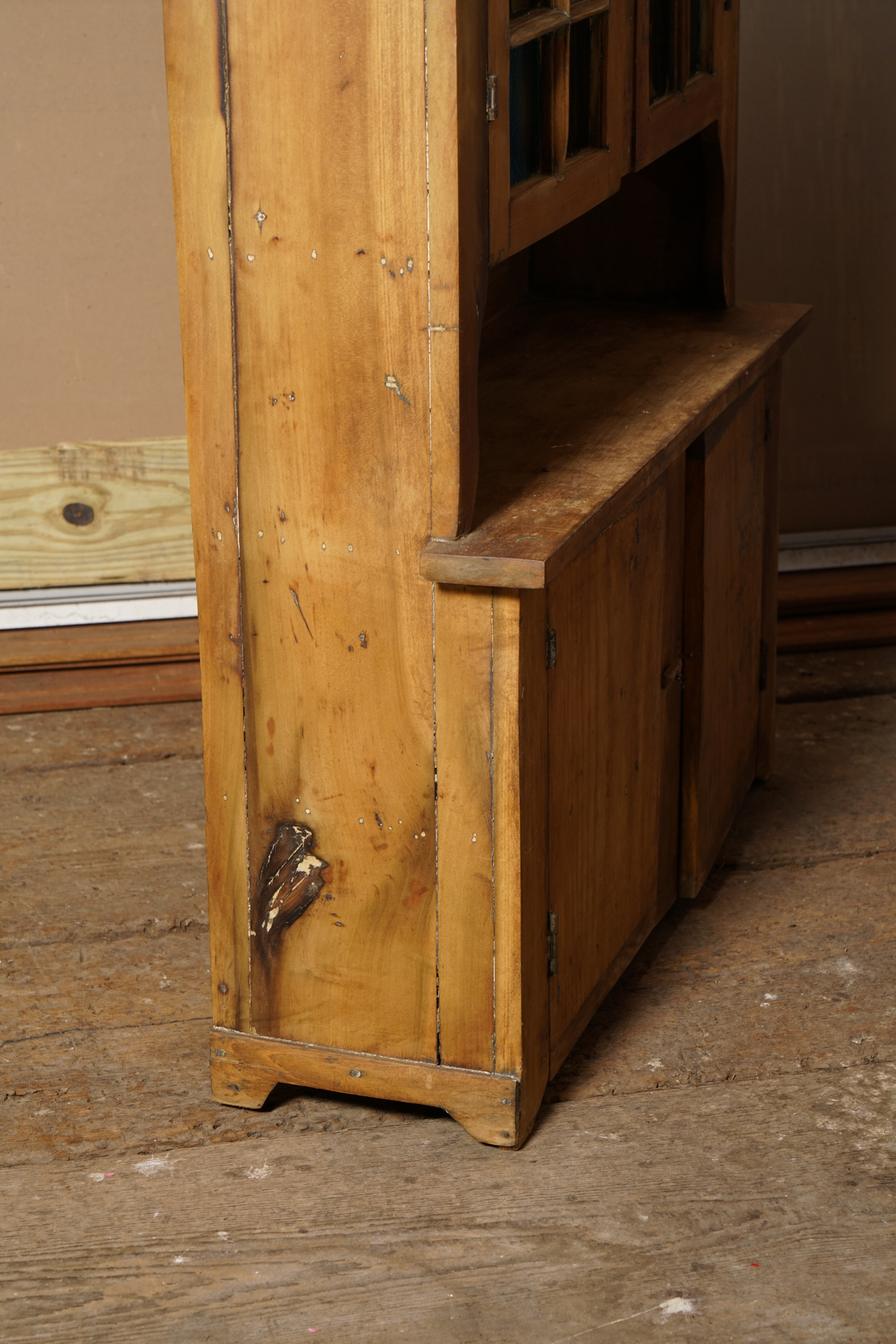 Vintage Rustic Pine Cupboard with Stained Glass Panels