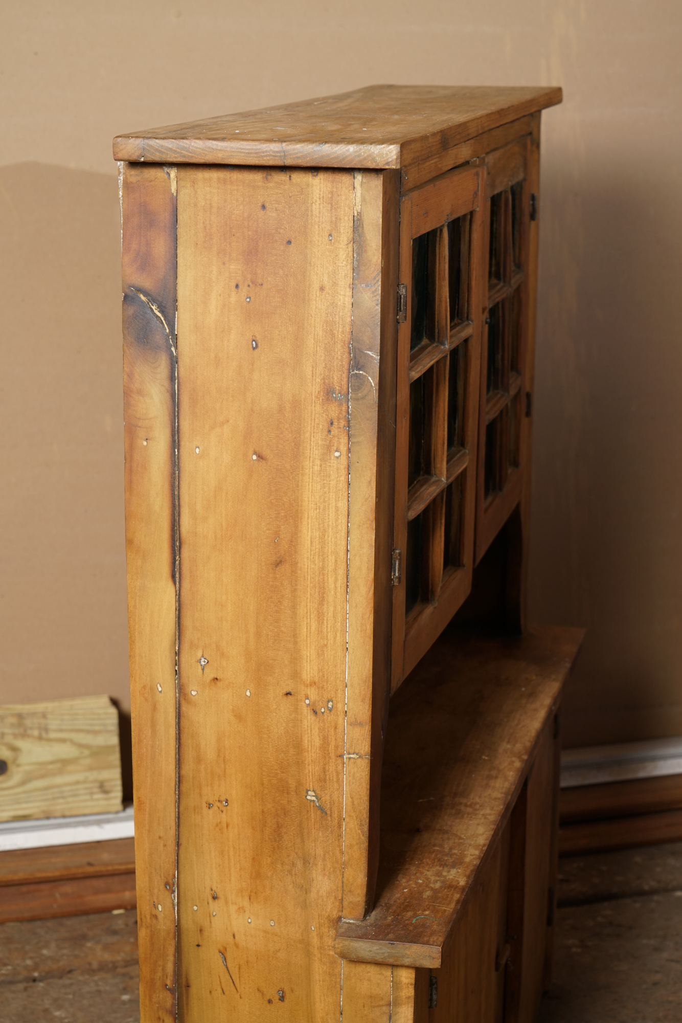 Vintage Rustic Pine Cupboard with Stained Glass Panels