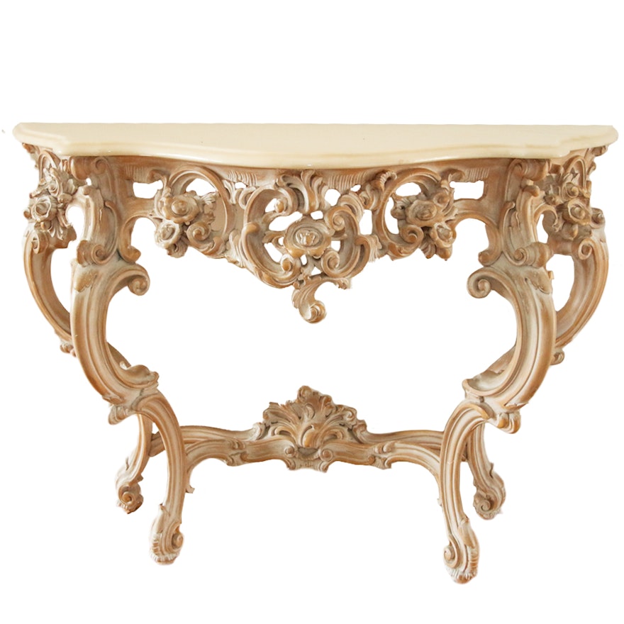 Vintage Rococo Style Carved Demilune Console Table with Stone Top
