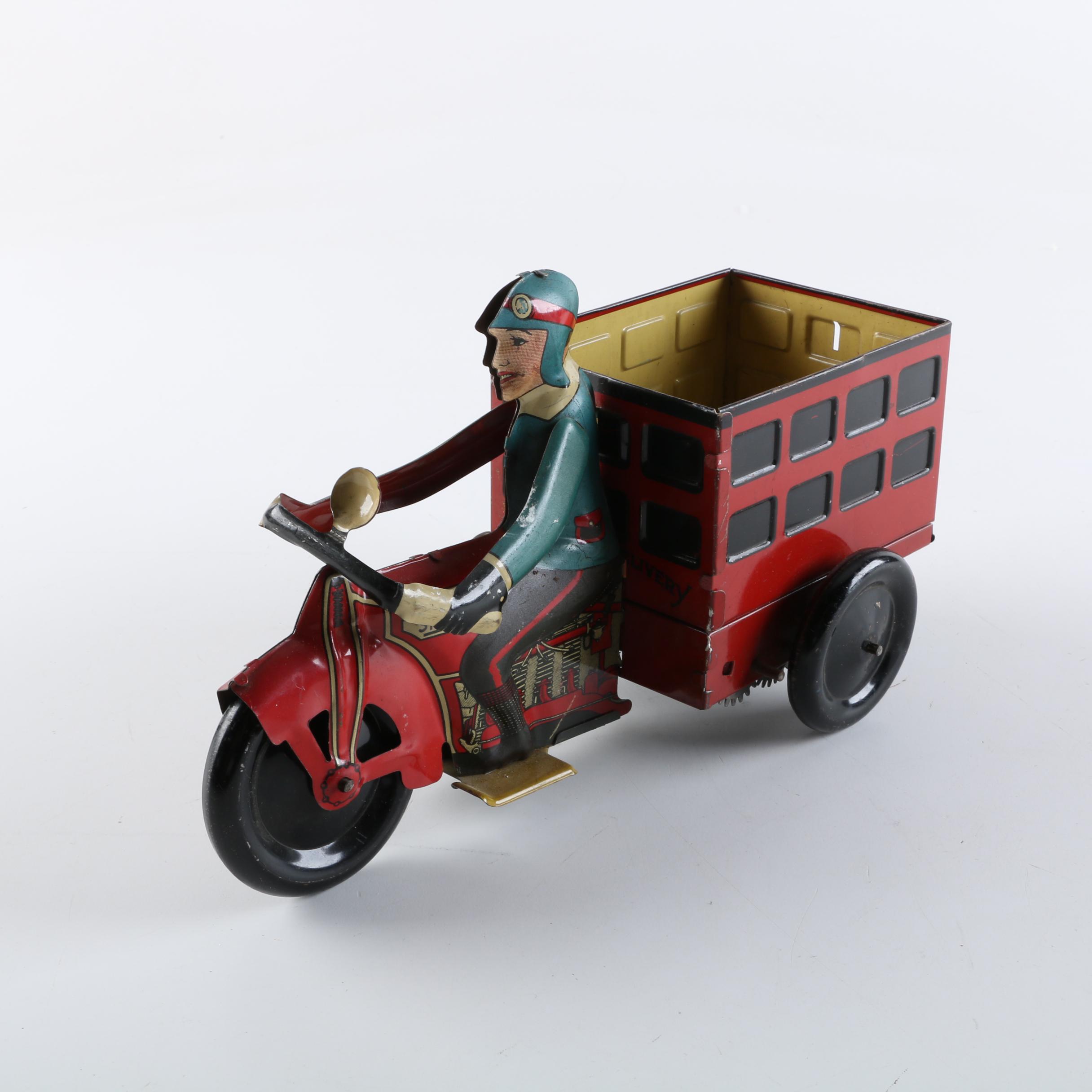 1940s Marx "Speed Boy Delivery" Tin Litho Wind-Up Motorcycle with Cart