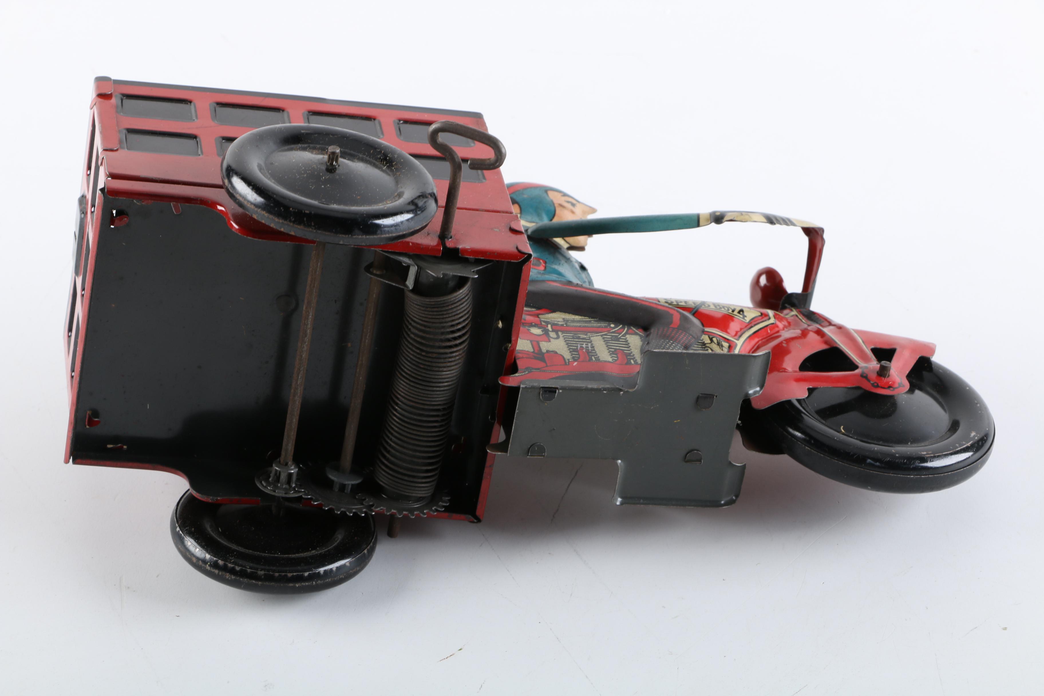 1940s Marx "Speed Boy Delivery" Tin Litho Wind-Up Motorcycle with Cart