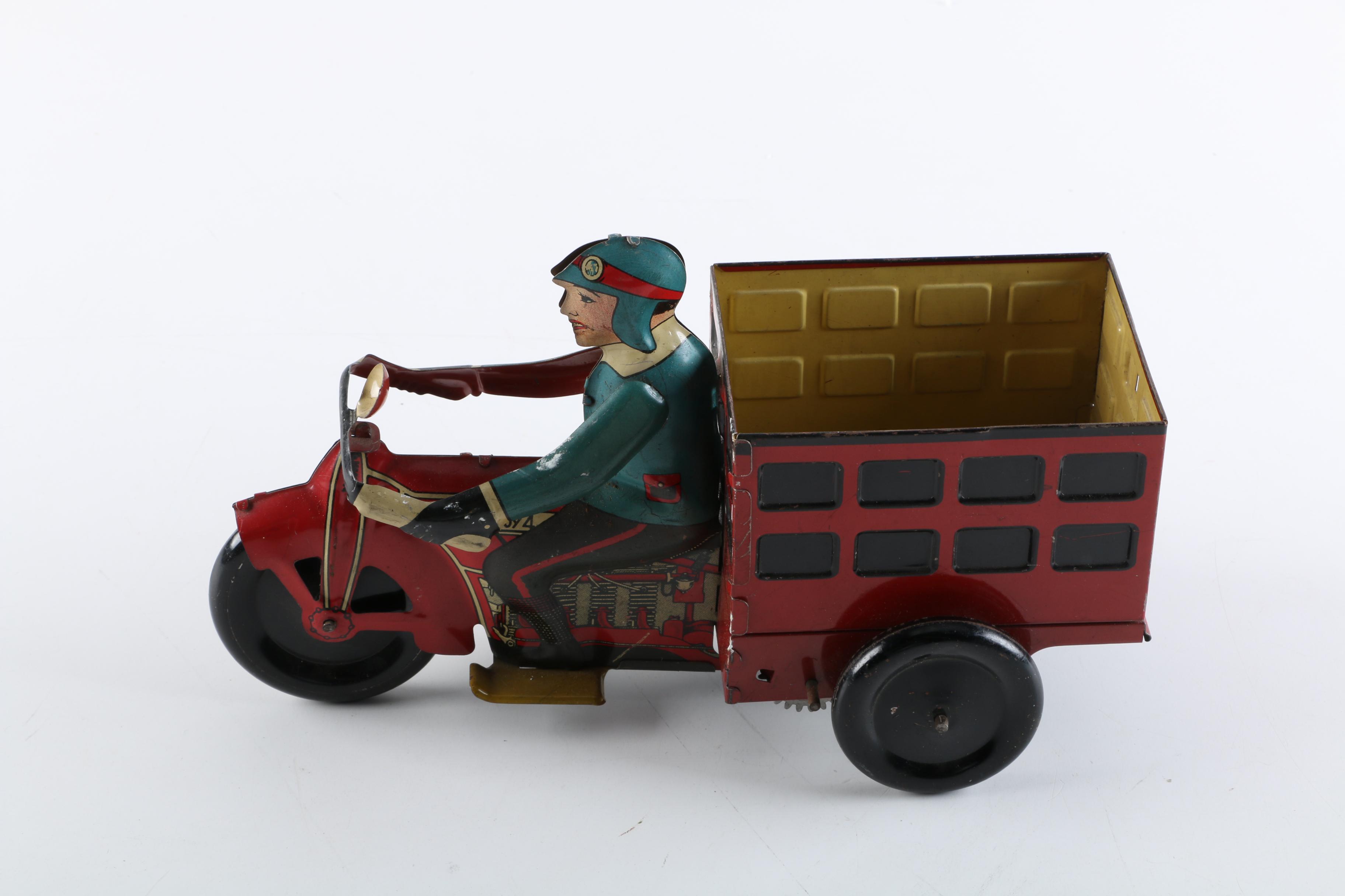 1940s Marx "Speed Boy Delivery" Tin Litho Wind-Up Motorcycle with Cart