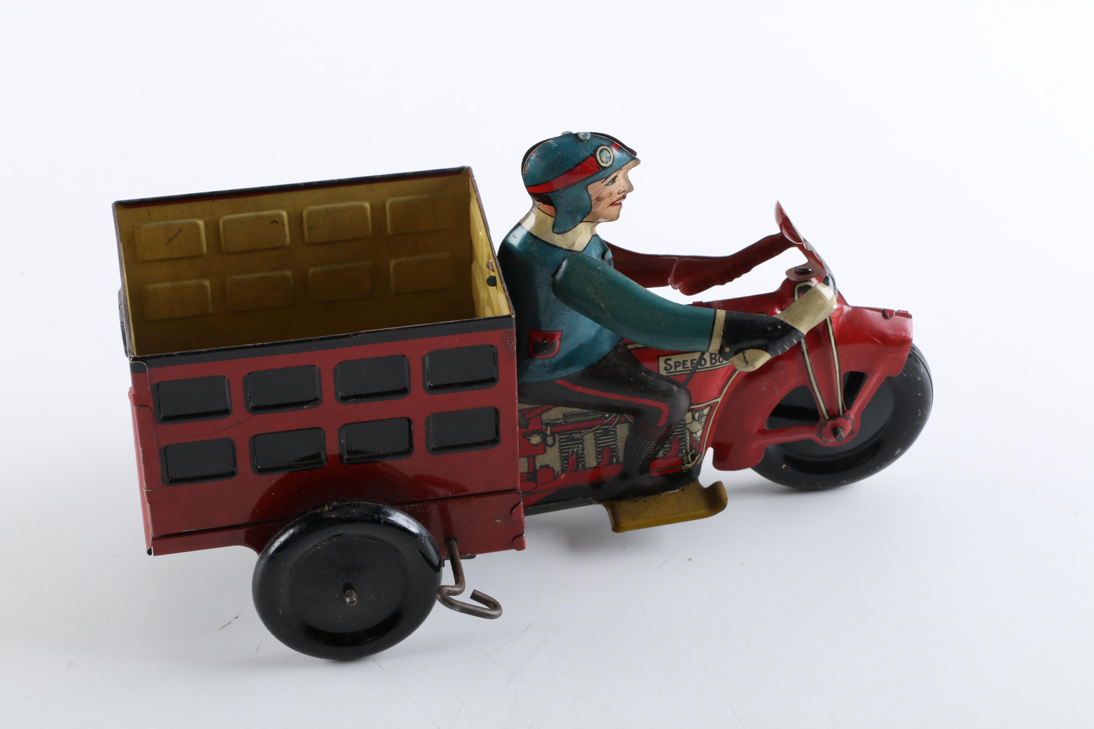 1940s Marx "Speed Boy Delivery" Tin Litho Wind-Up Motorcycle with Cart