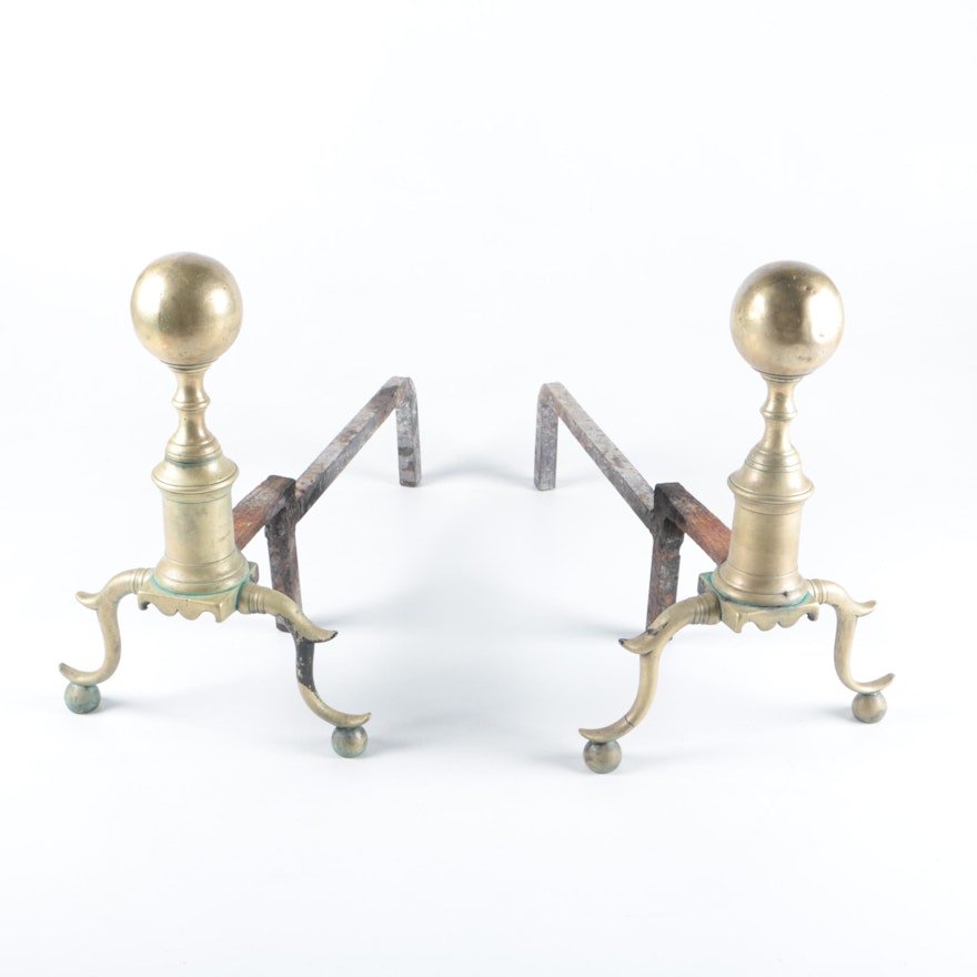 Pair of Brass Federal-Style Ball Top Andirons