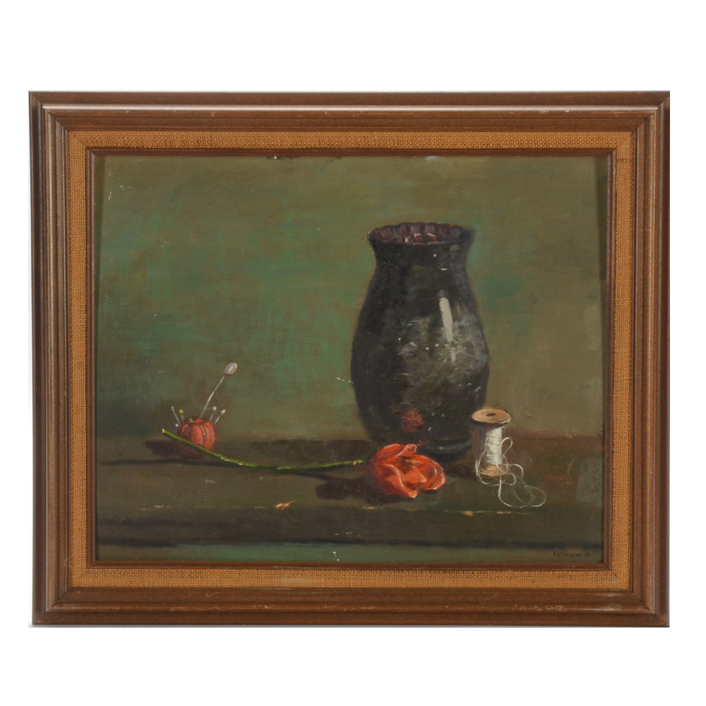 Robert Lahmann Oil Painting on Canvas Board of Sill Life with Rose