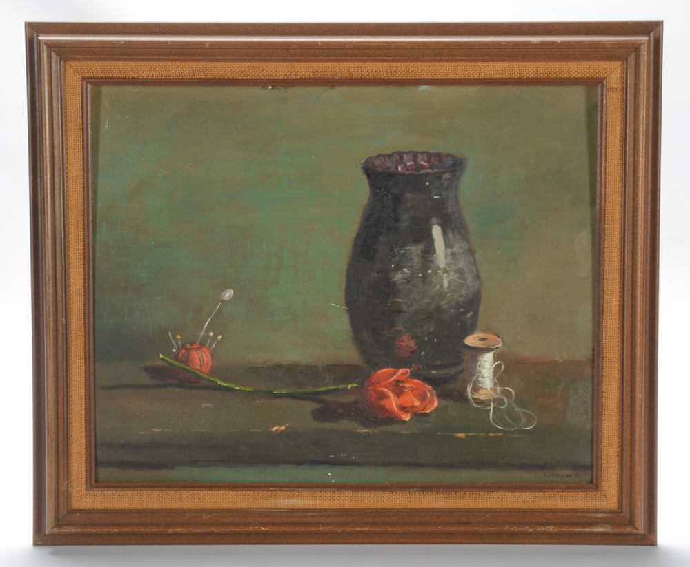 Robert Lahmann Oil Painting on Canvas Board of Sill Life with Rose