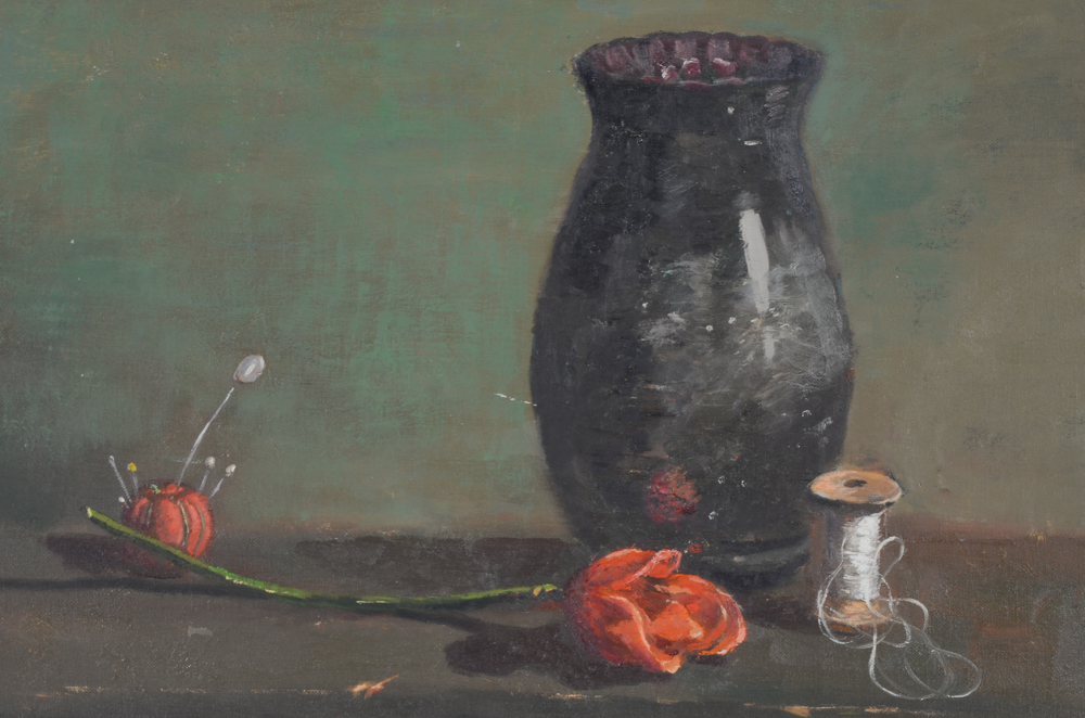 Robert Lahmann Oil Painting on Canvas Board of Sill Life with Rose