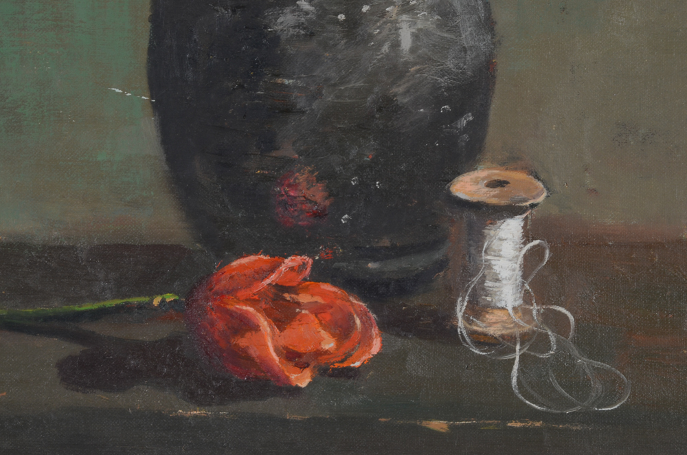 Robert Lahmann Oil Painting on Canvas Board of Sill Life with Rose