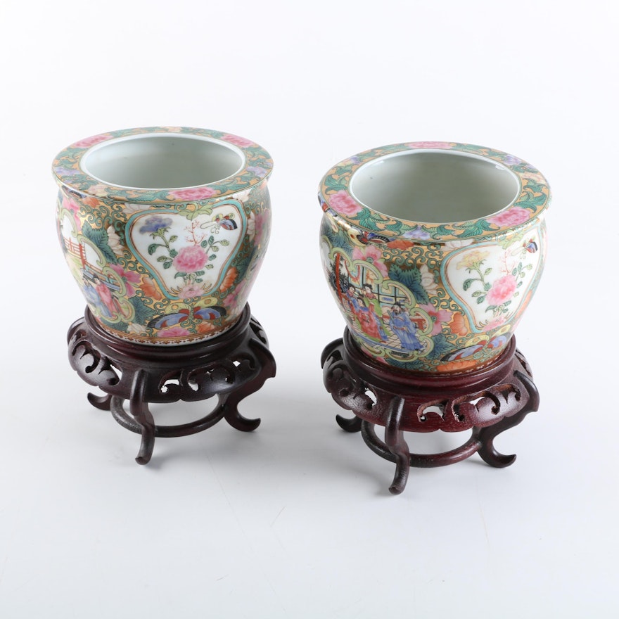 Chinese Porcelain Fish Bowl Planters with Carved Wood Stands