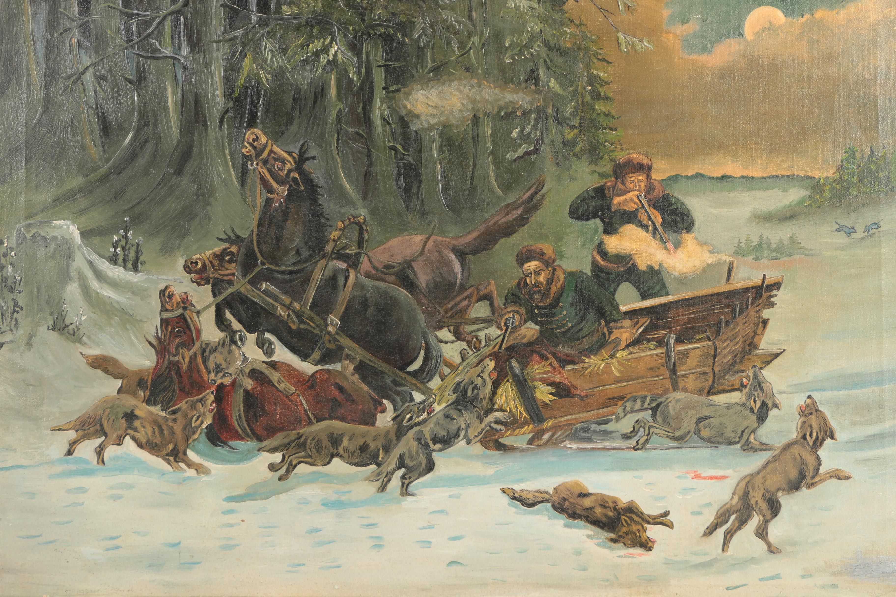 20th-Century Oil Painting of a Wolf Attack