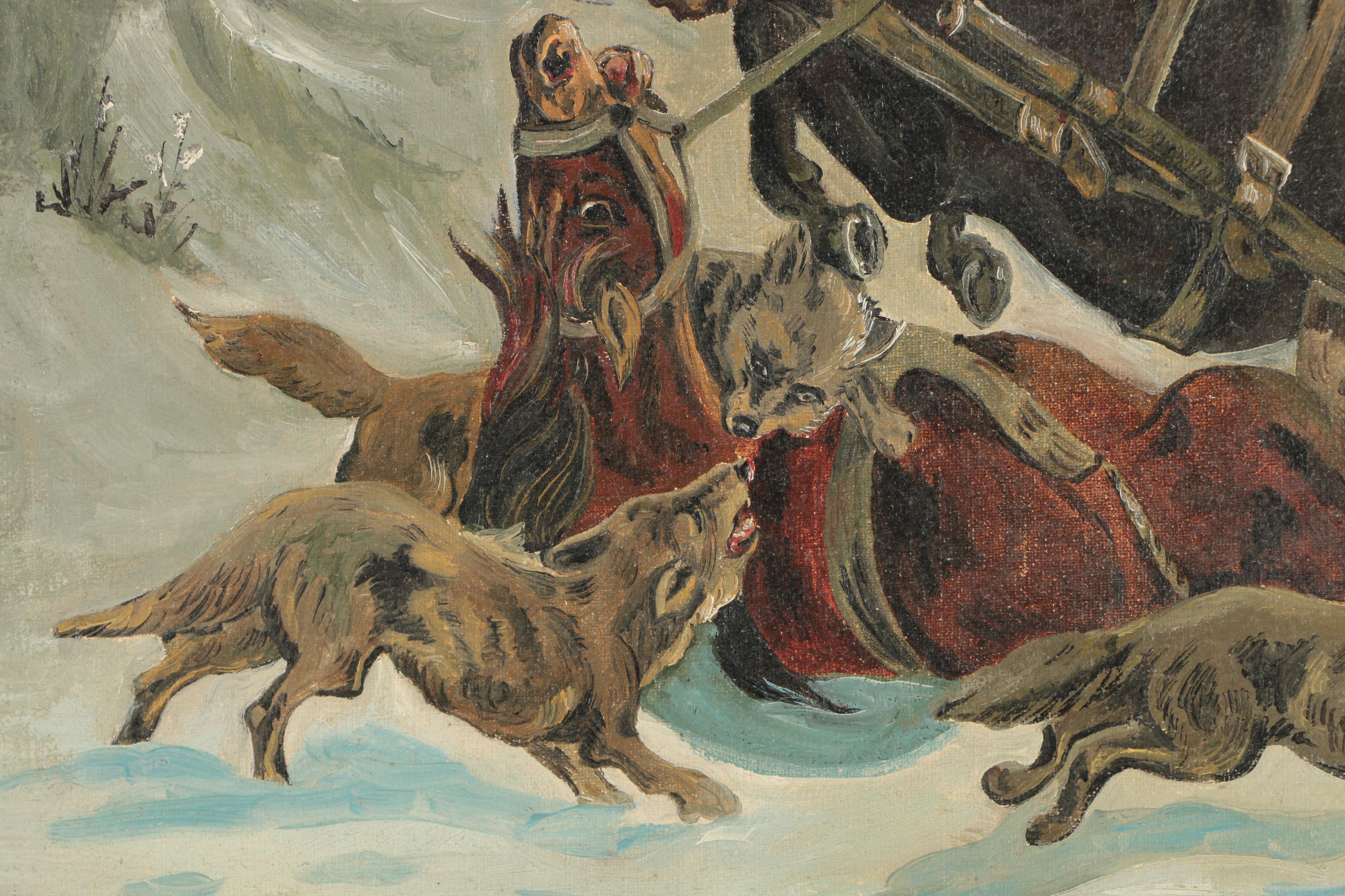 20th-Century Oil Painting of a Wolf Attack