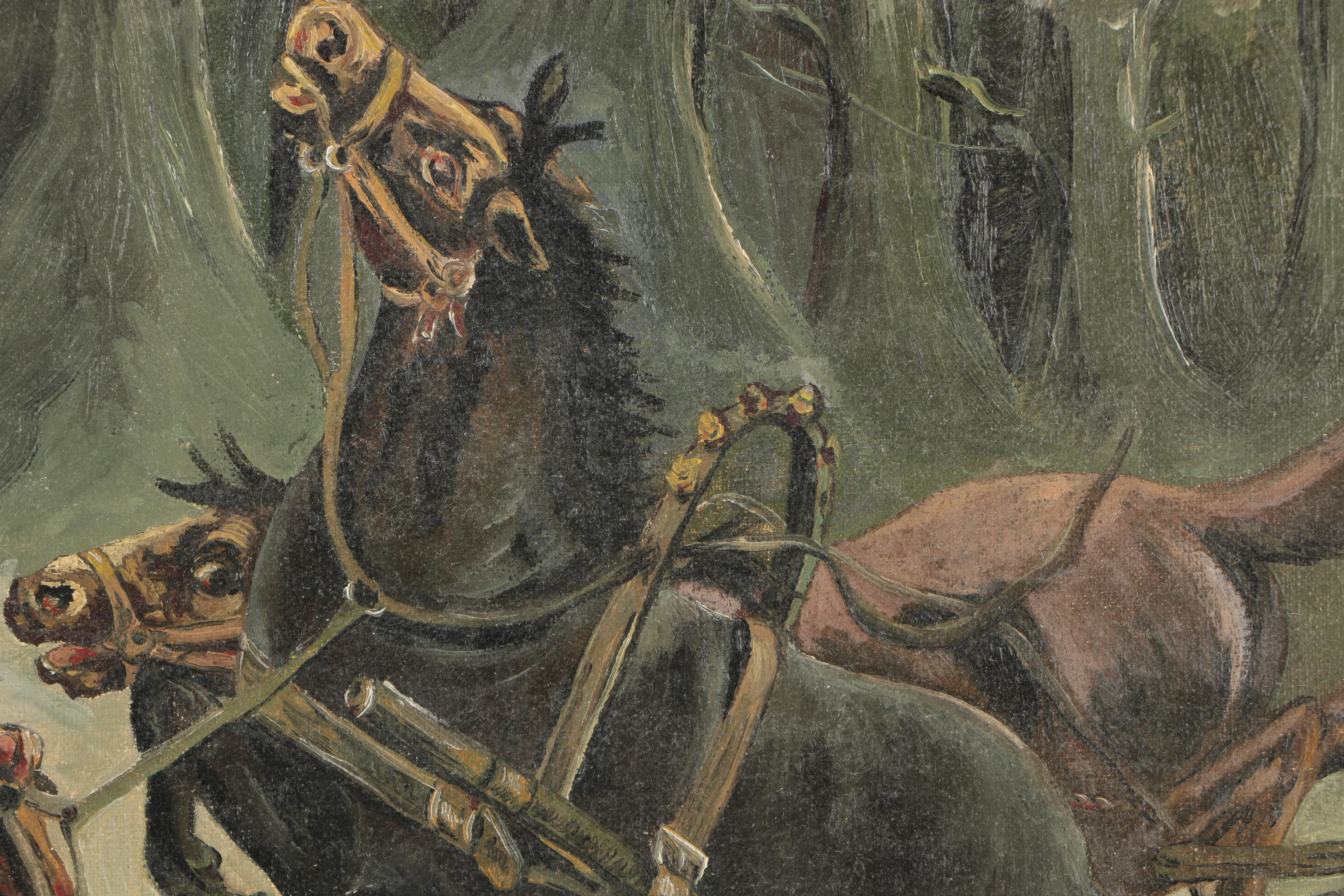 20th-Century Oil Painting of a Wolf Attack