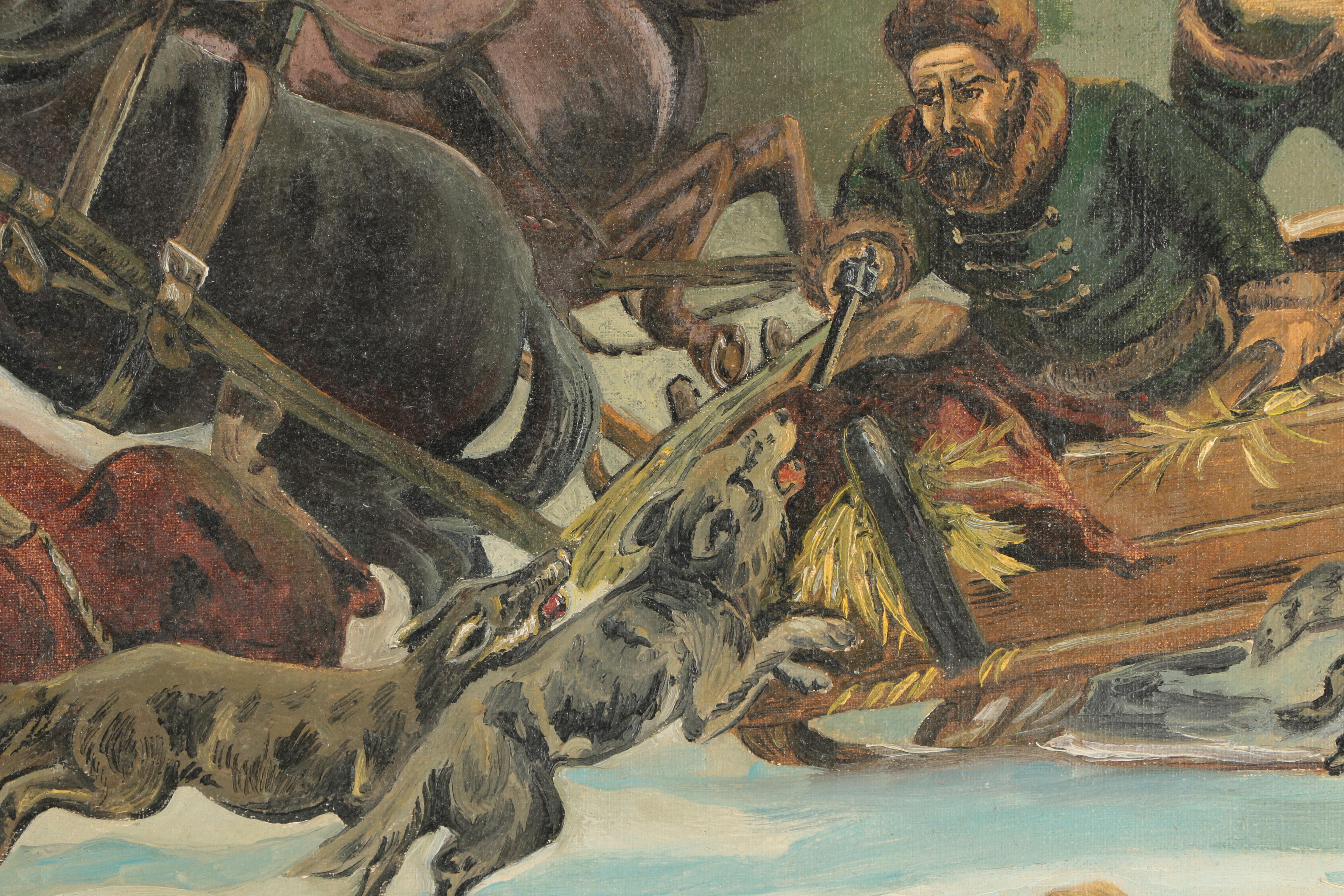 20th-Century Oil Painting of a Wolf Attack