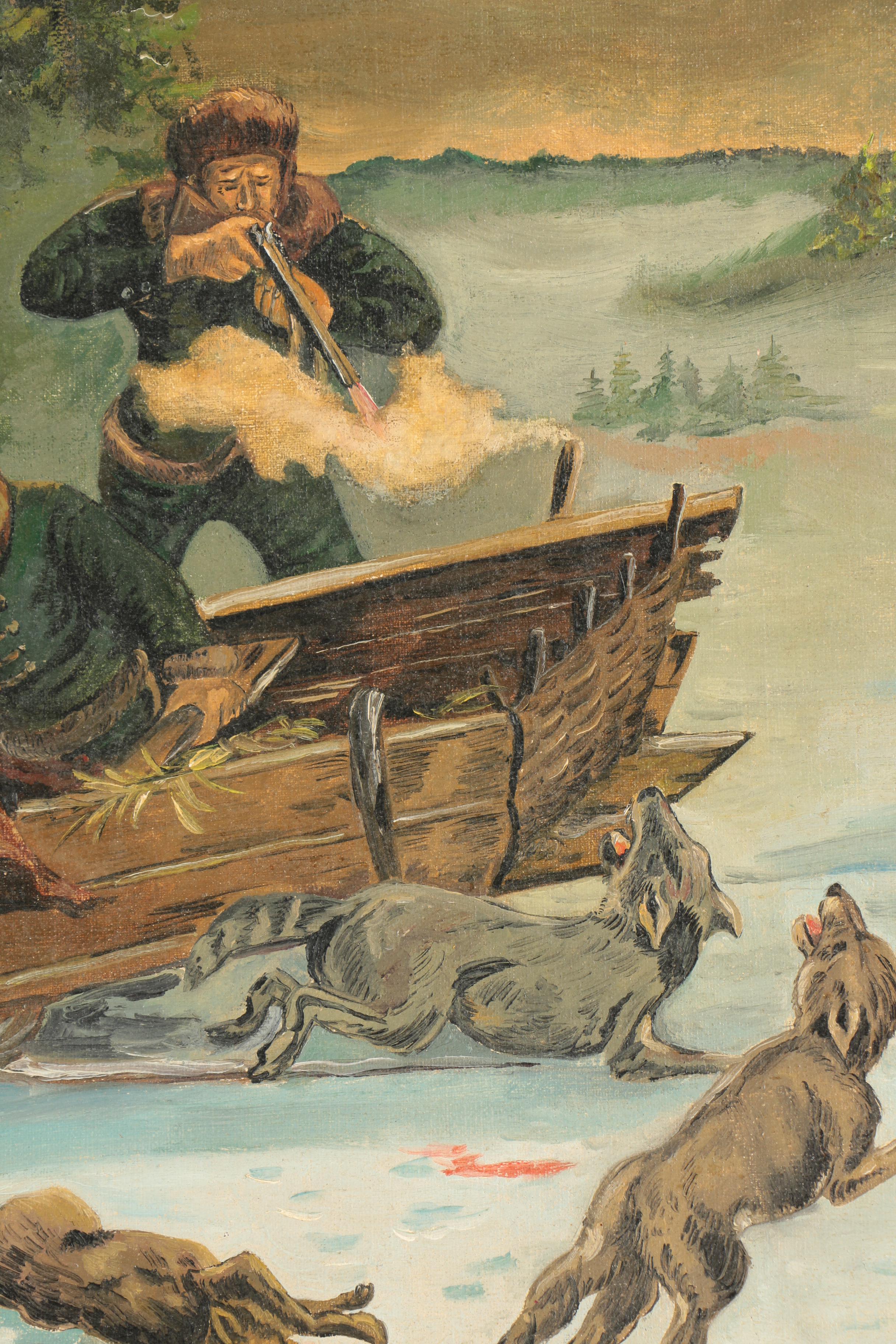 20th-Century Oil Painting of a Wolf Attack