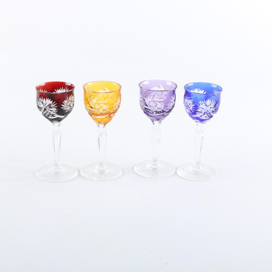 Collection of Bohemian Colored Cut To Clear Crystal Cordial Glasses