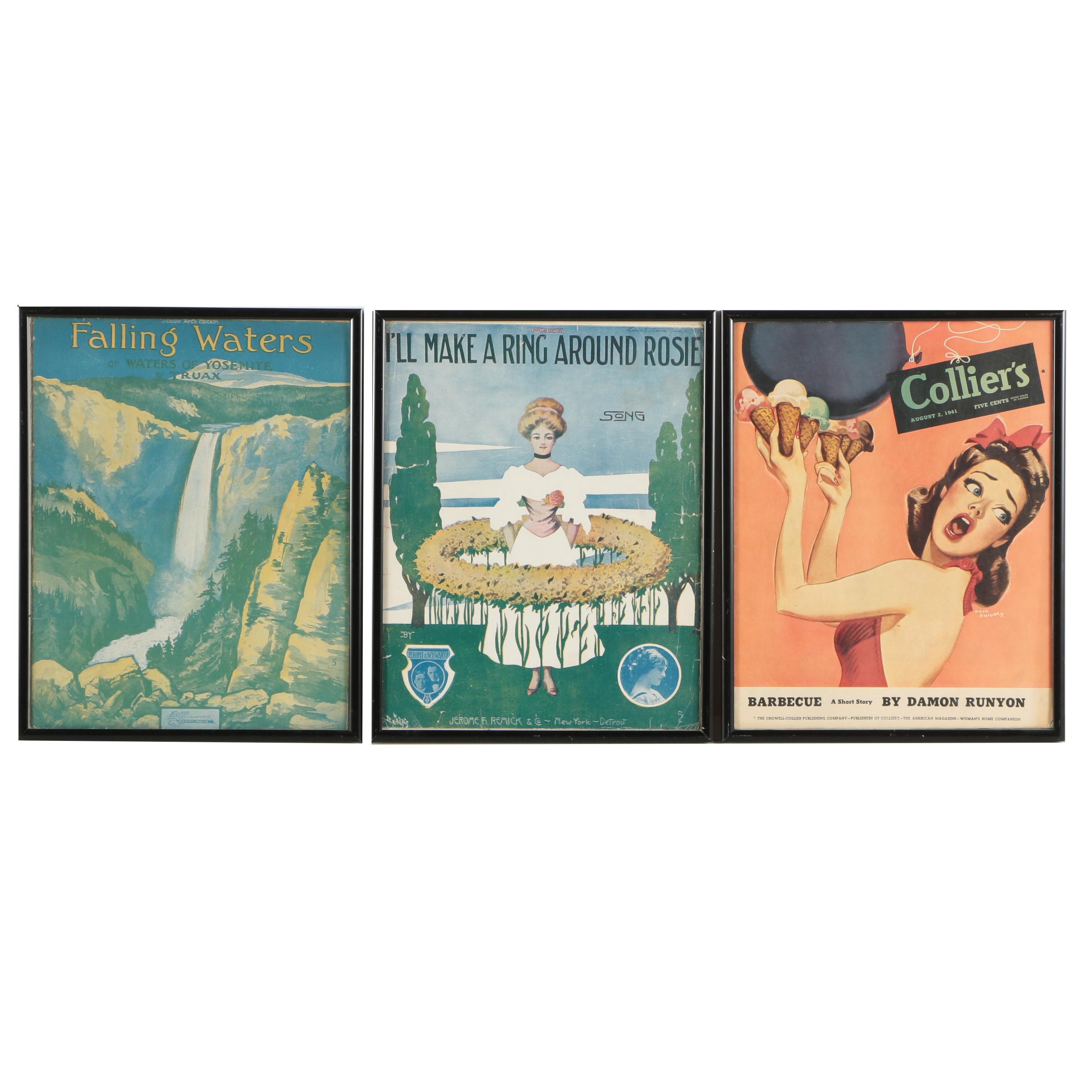 Vintage Sheet Music and Collier's Magazine In Frames