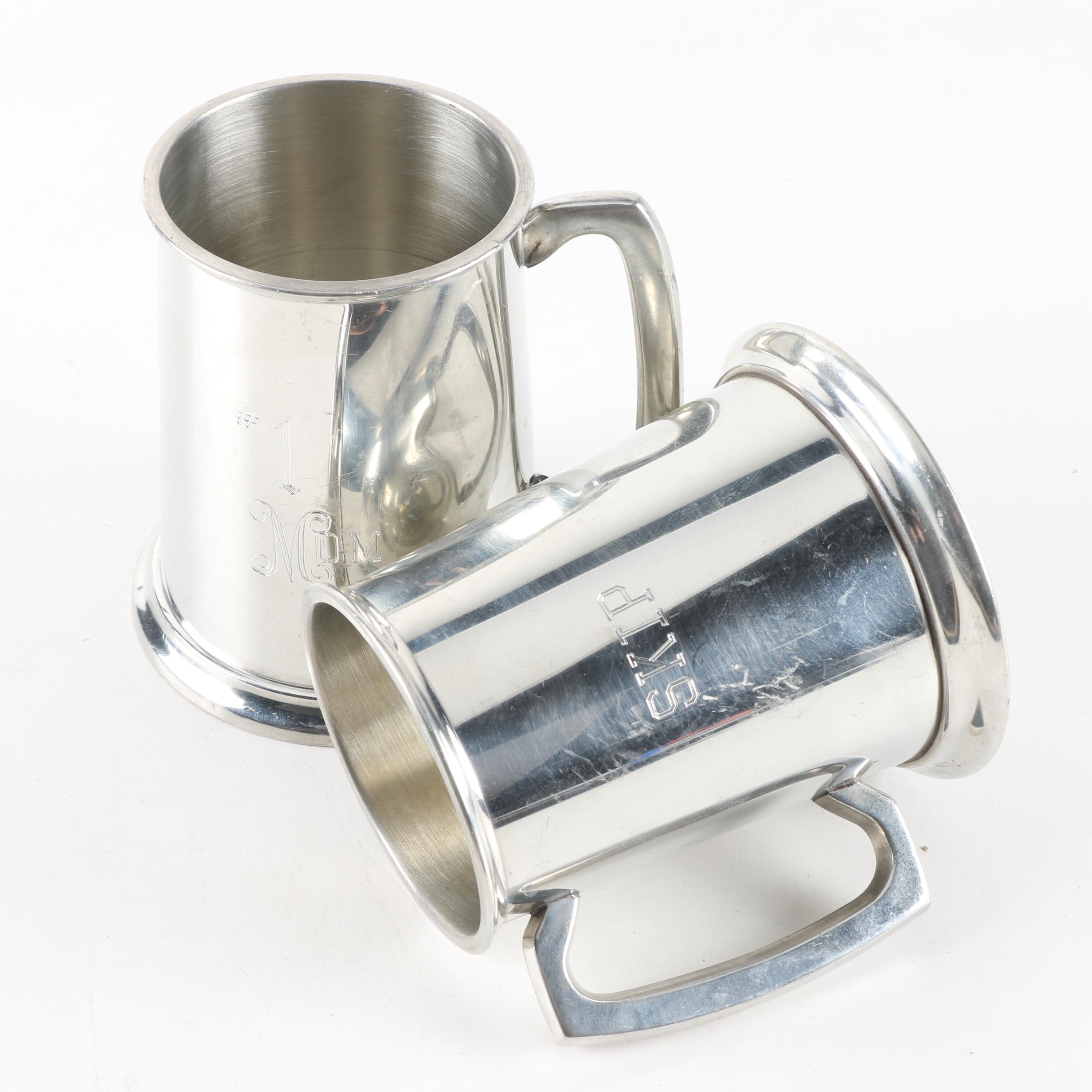 Vintage Glass-Bottomed English Pewter Steins, Including Eales of Sheffield