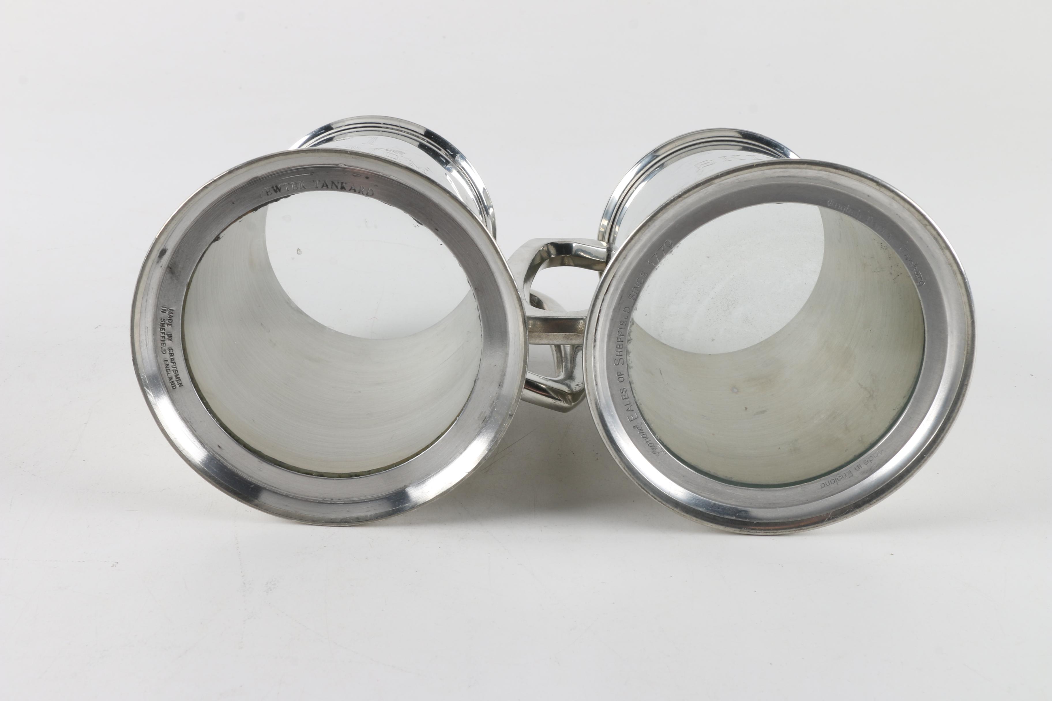Vintage Glass-Bottomed English Pewter Steins, Including Eales of Sheffield