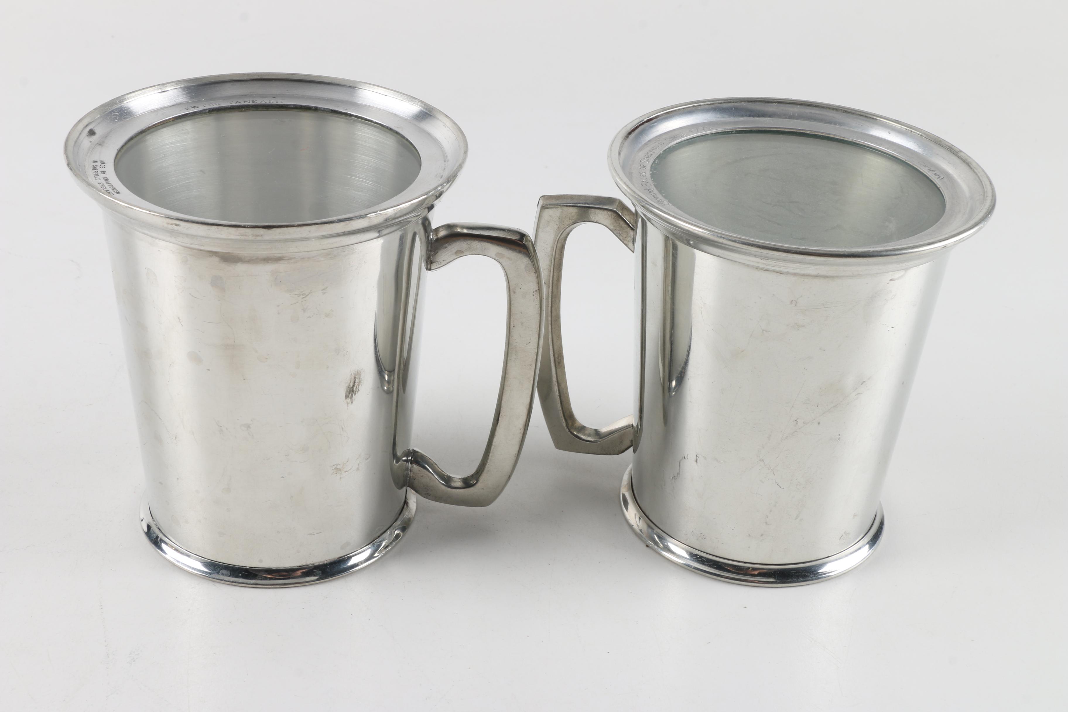 Vintage Glass-Bottomed English Pewter Steins, Including Eales of Sheffield