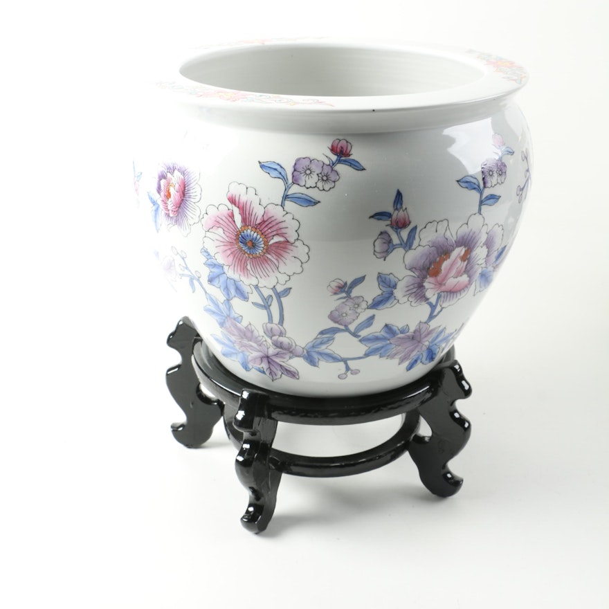 Decorative Ceramic Asian Planter with Wooden Stand