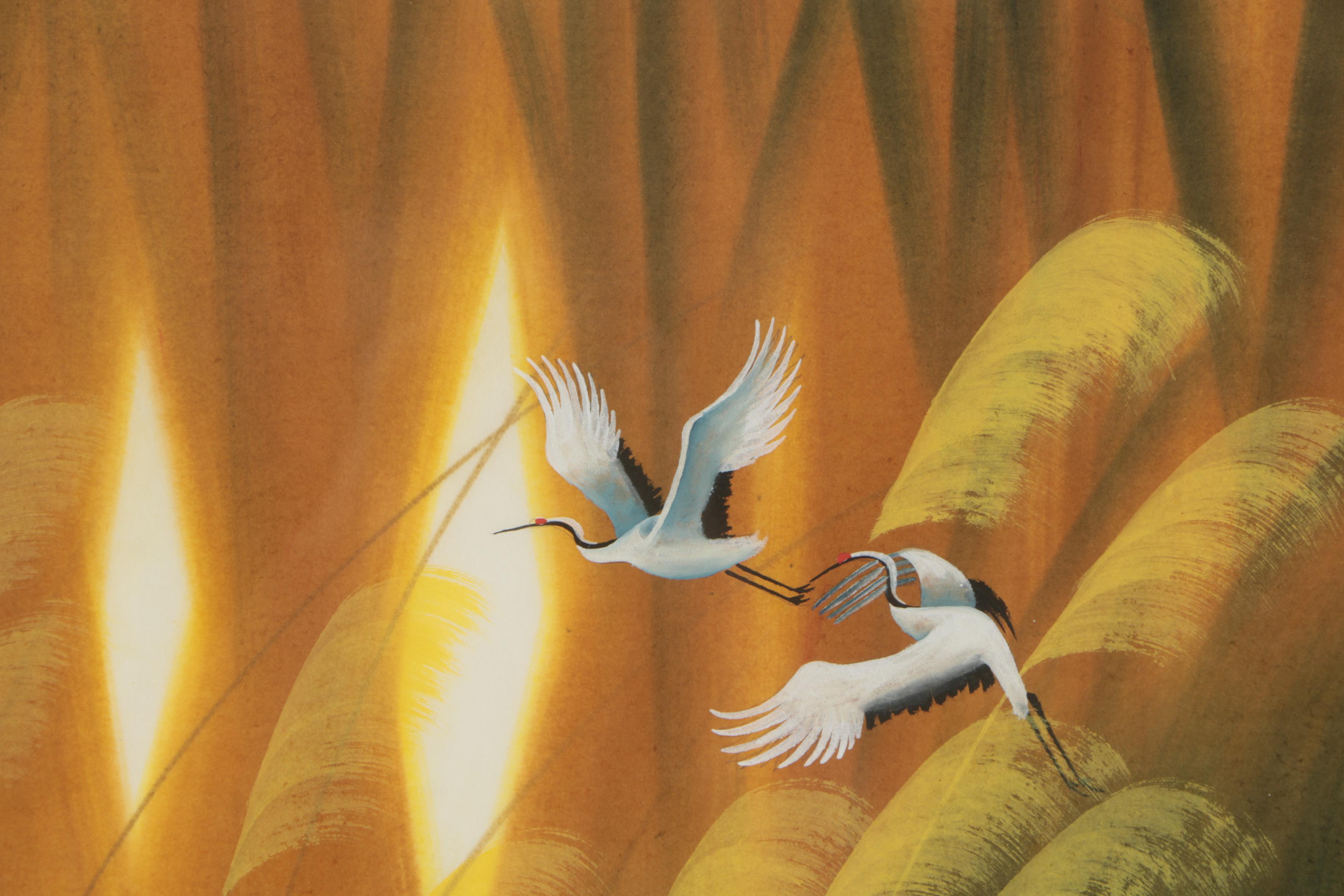 Gouache Painting of Cranes in Flight