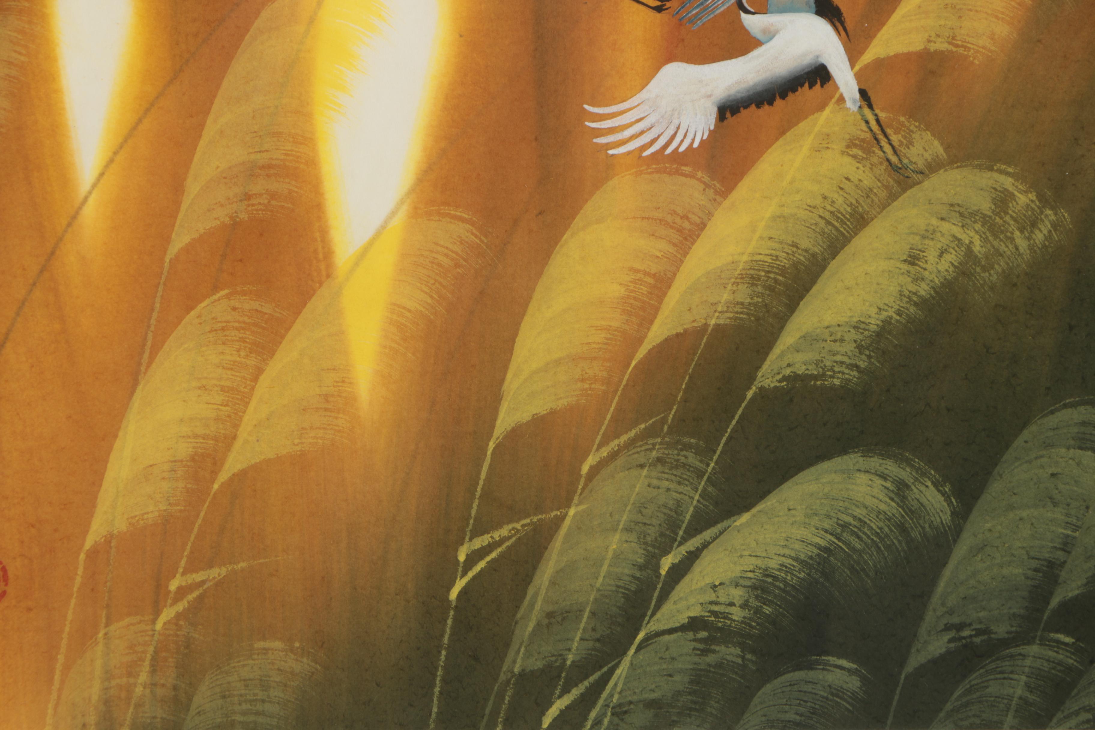 Gouache Painting of Cranes in Flight