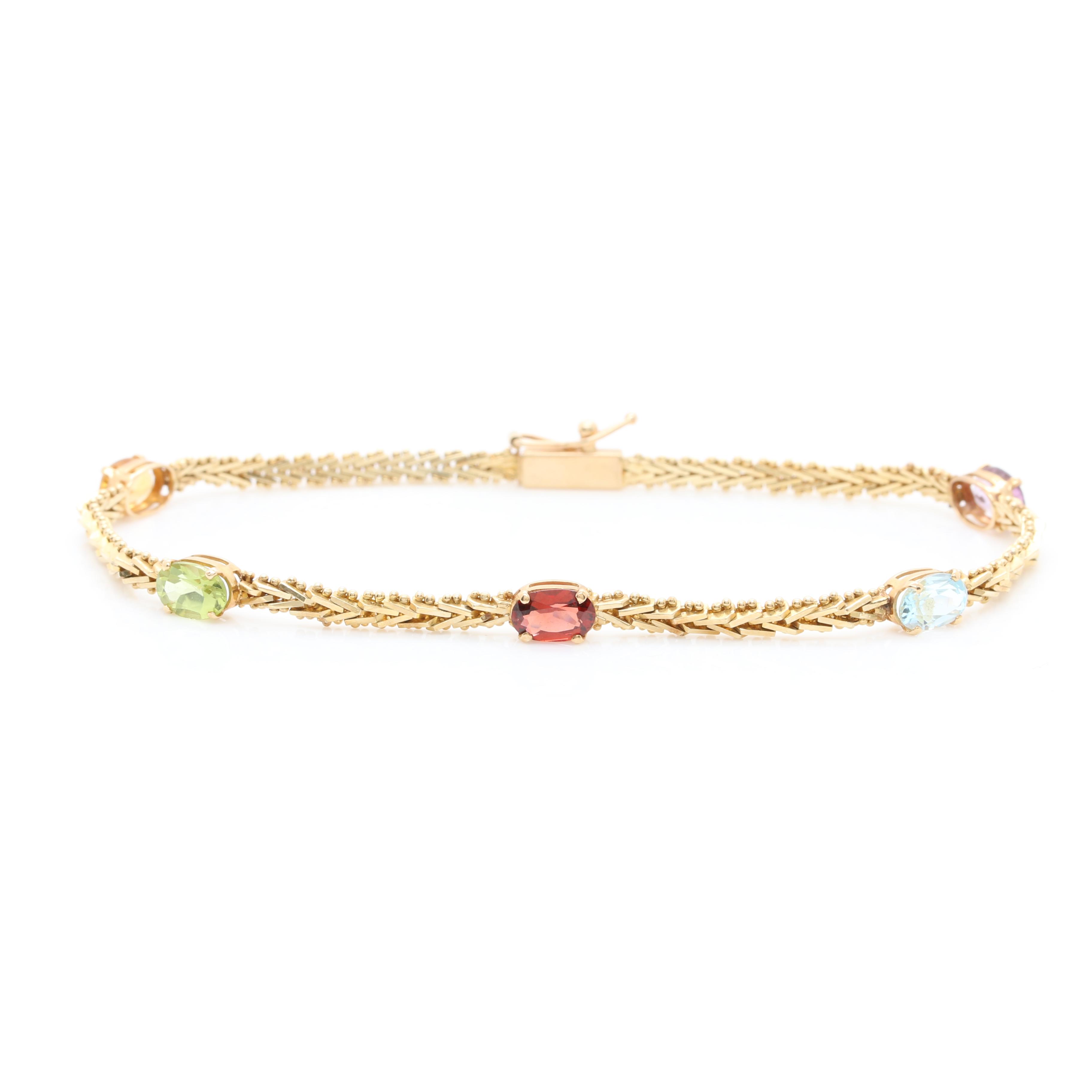 14K Yellow Gold Citrine, Peridot, Garnet, Blue Topaz and Amethyst Bracelet