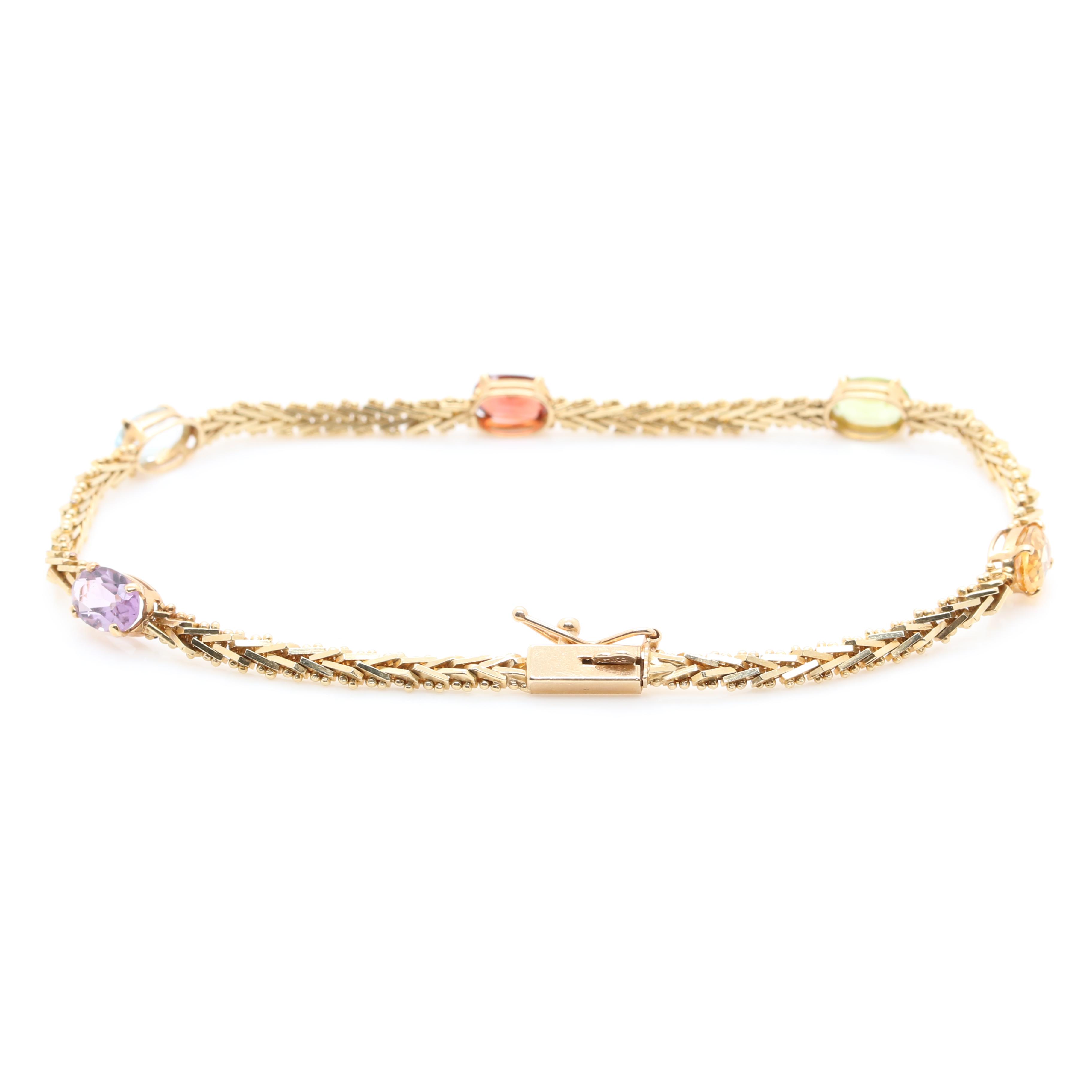 14K Yellow Gold Citrine, Peridot, Garnet, Blue Topaz and Amethyst Bracelet
