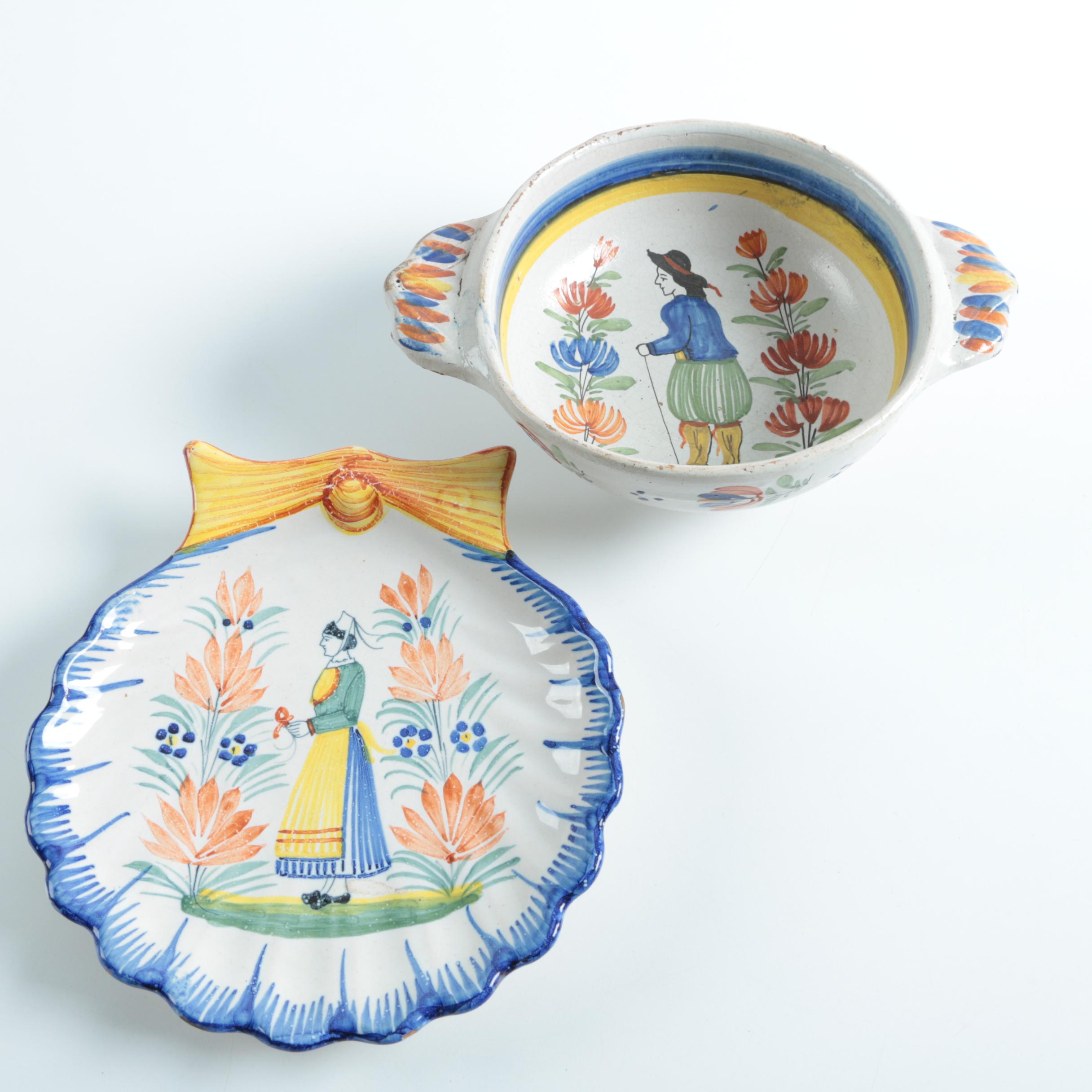 Henriot Quimper French Faience Pottery Bowl and Plate