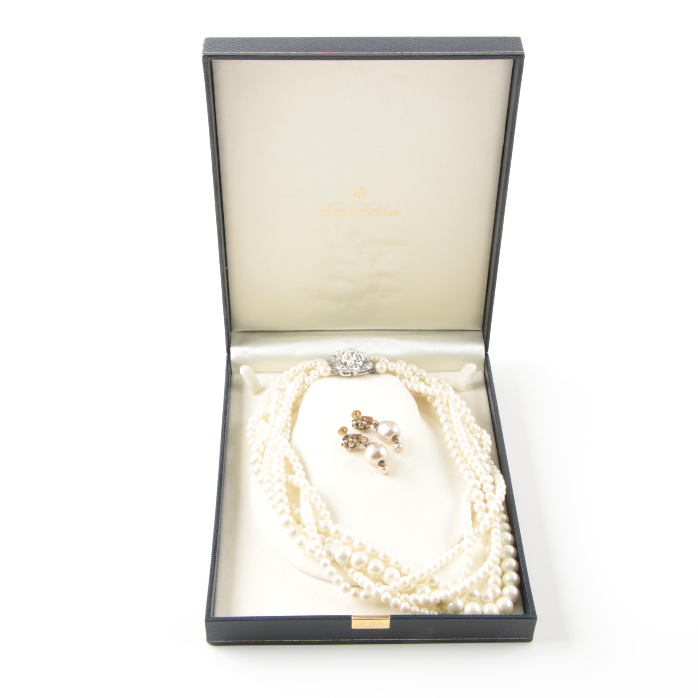 Brooks Brothers Imitation Pearl Necklace and Miriam Haskell Earrings