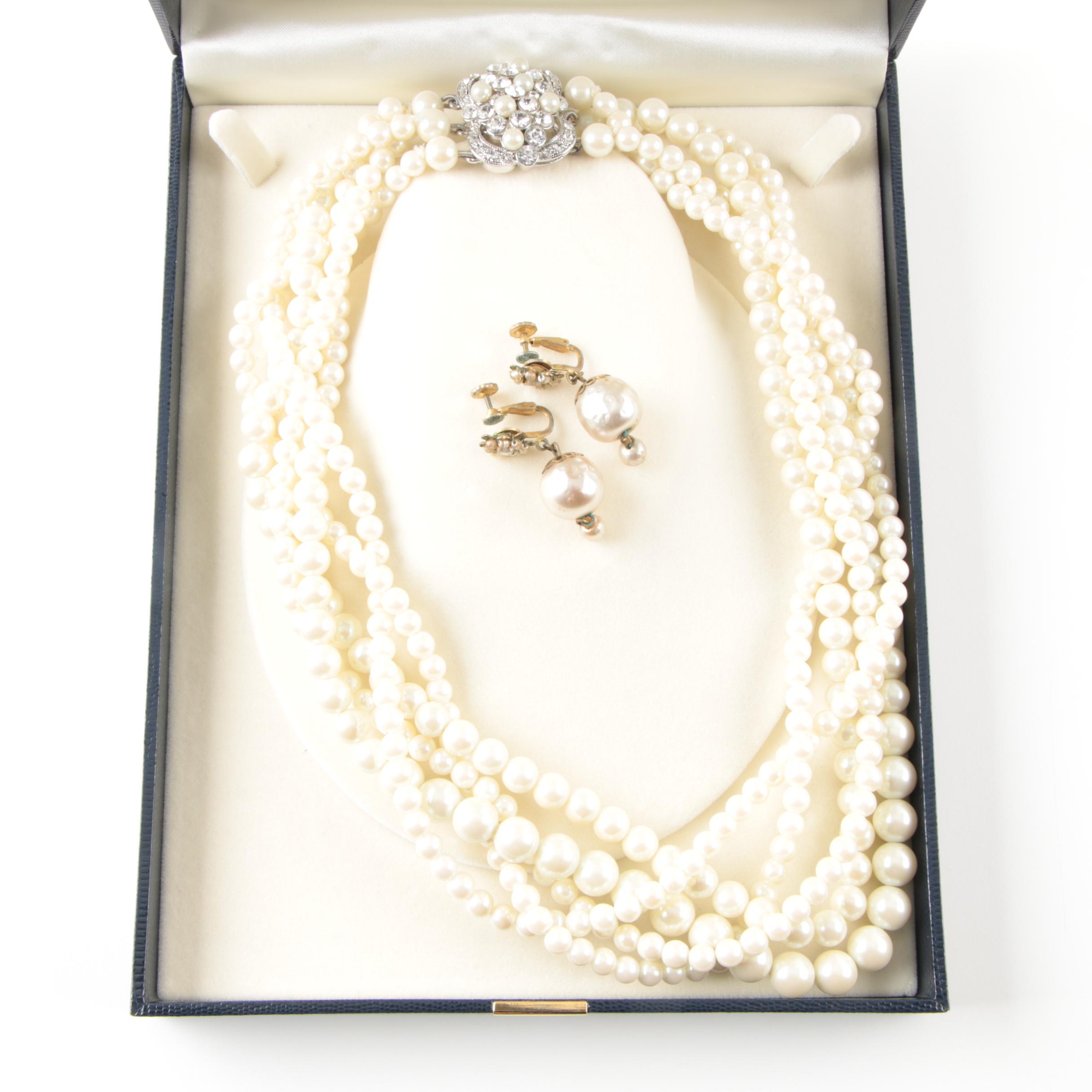 Brooks Brothers Imitation Pearl Necklace and Miriam Haskell Earrings