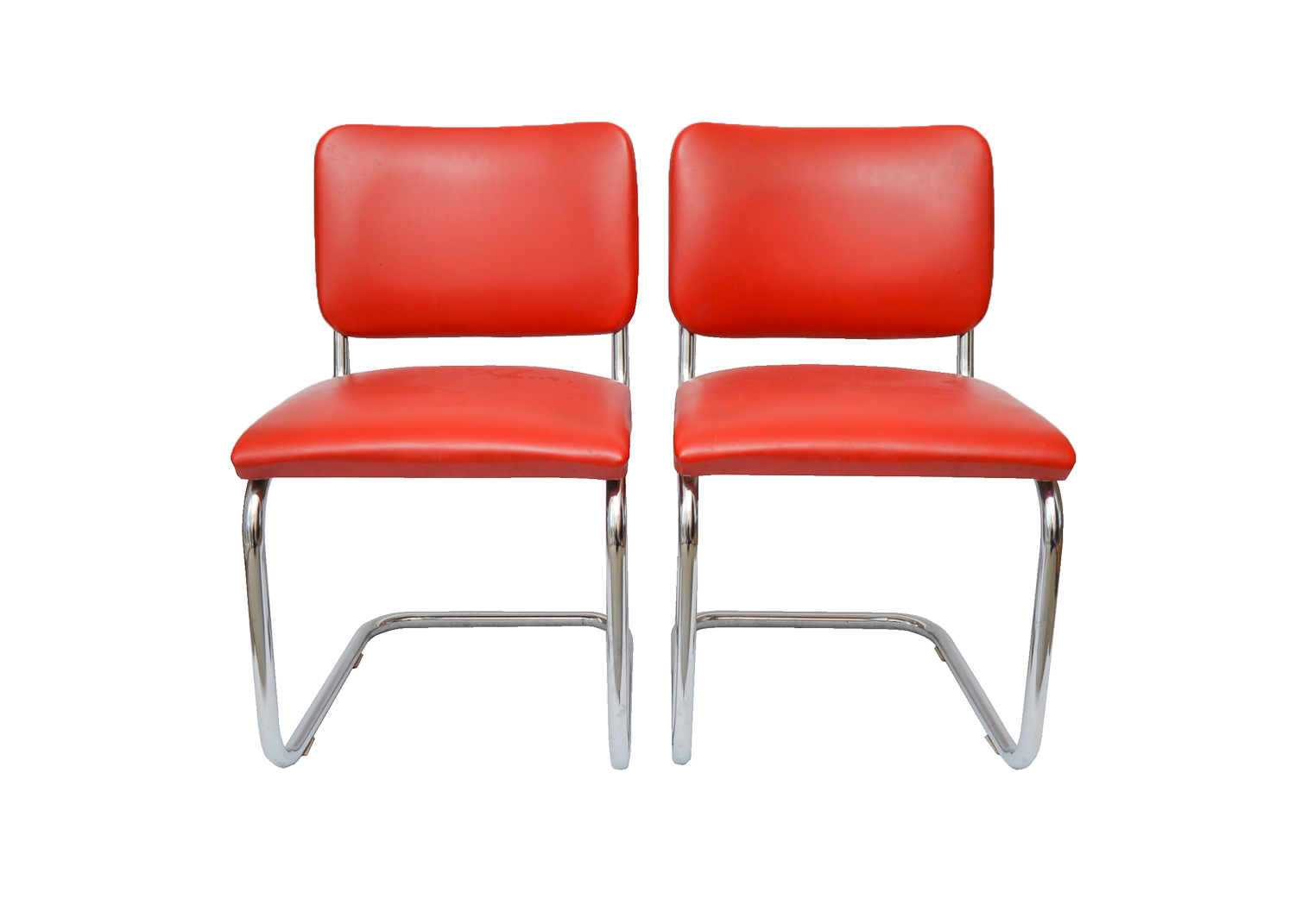 Red Vinyl Upholstered Cesca Style Chair Pair
